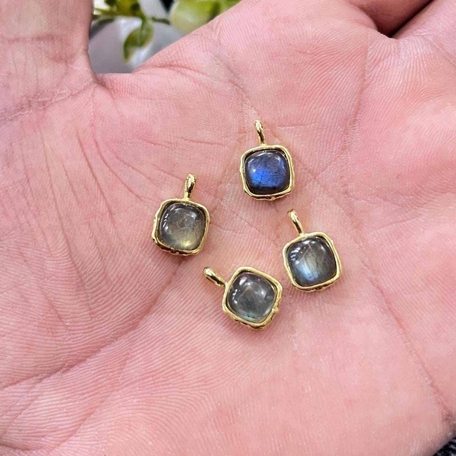 Gold Plated Gemstone Pendant Charm, Flashy Labradorite, Jasper