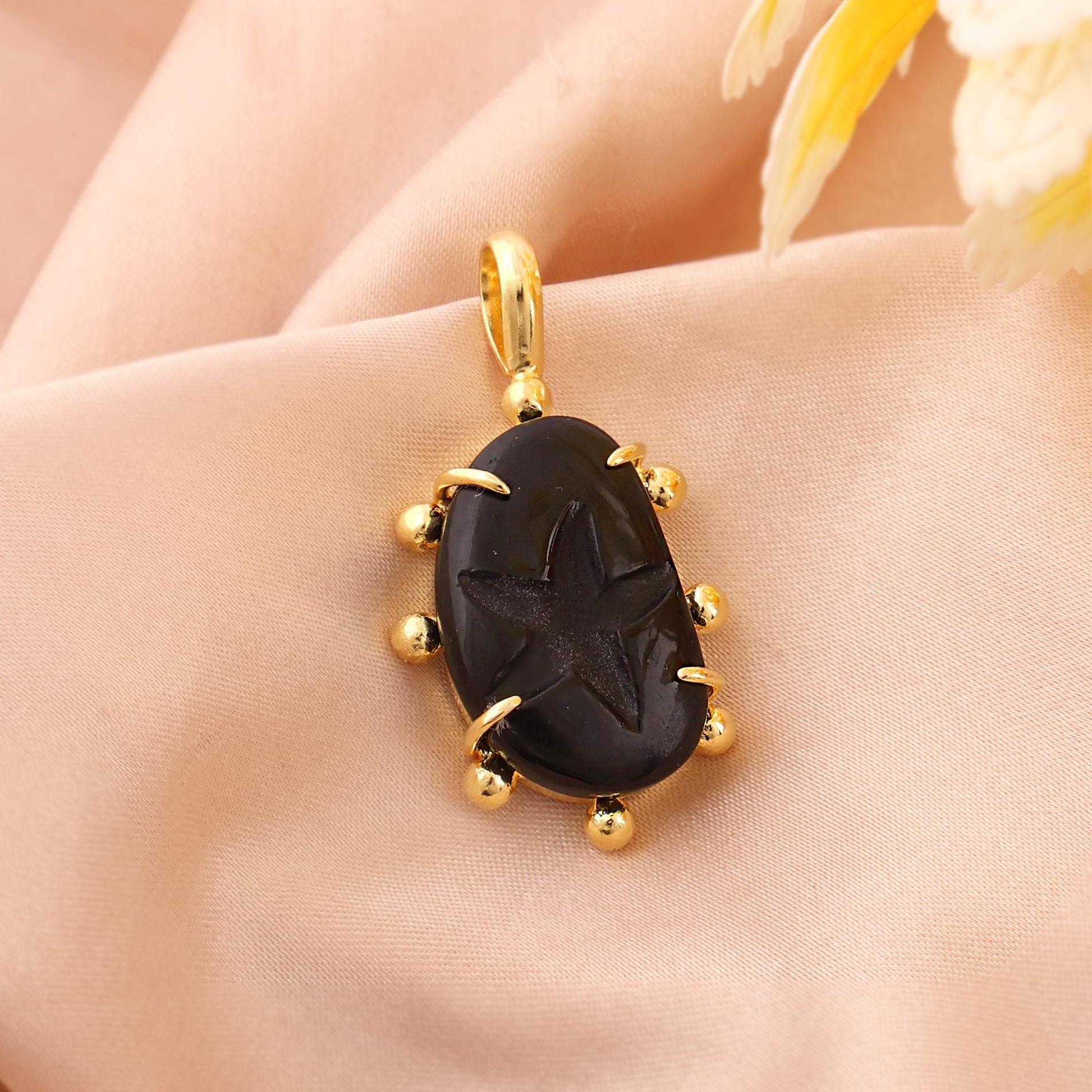 Black Onyx Star Carved Pendant Charm 18K Gold Plated Celestial Gothic Minimalist