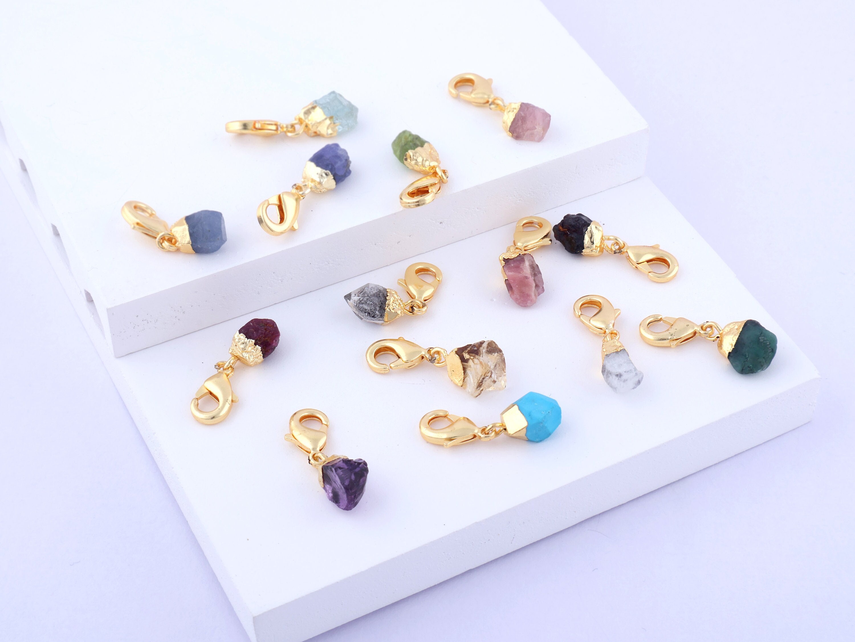 Raw Gemstone Birthstone Charm, Gold Electroplated Lobster Clasp Pendant Connectors