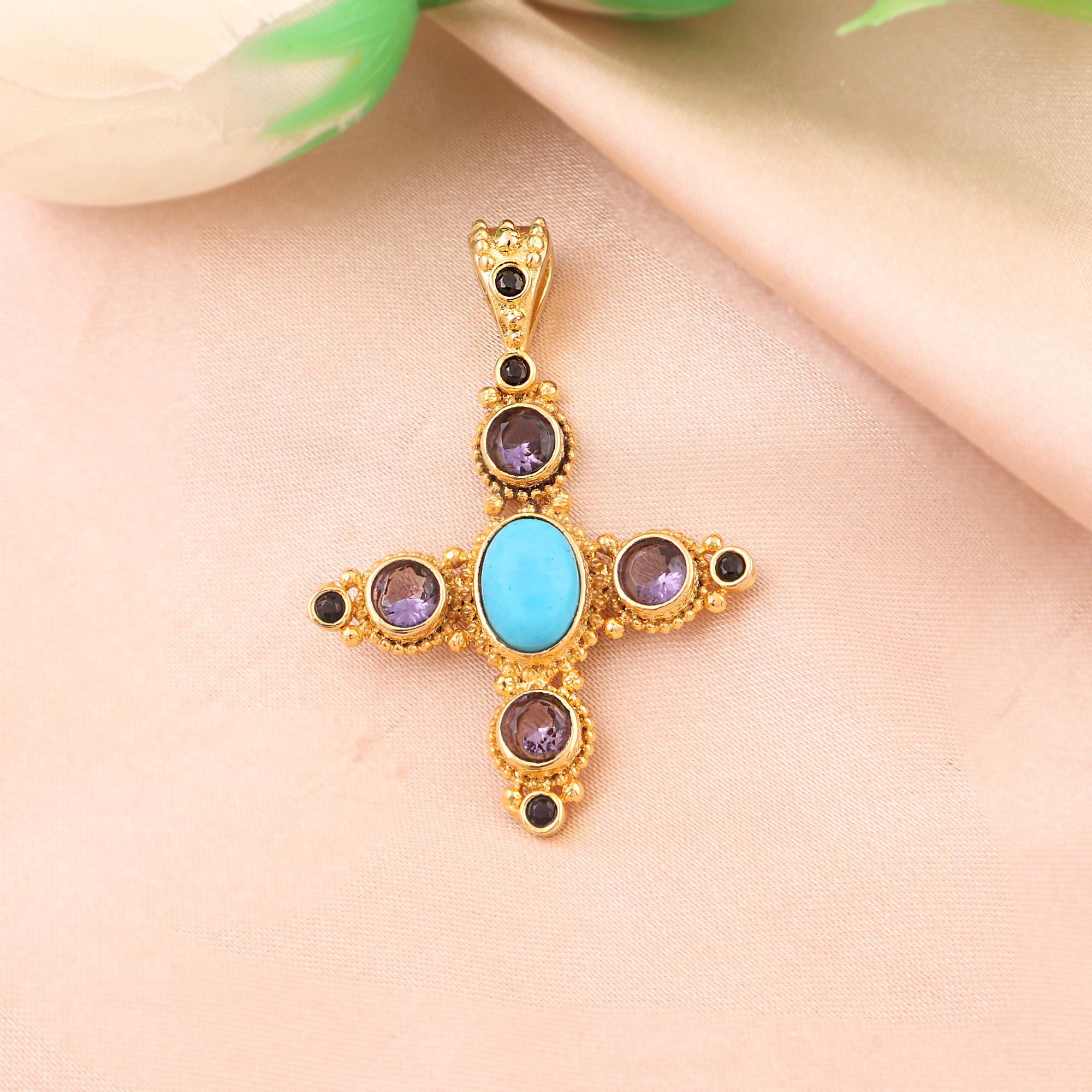Gold Plated Cross Pendant Turquoise & Amethyst Quartz