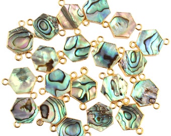Abalone Shell Hexagon Connectors: Gold Plated Double Bail Charm, 5 Pcs