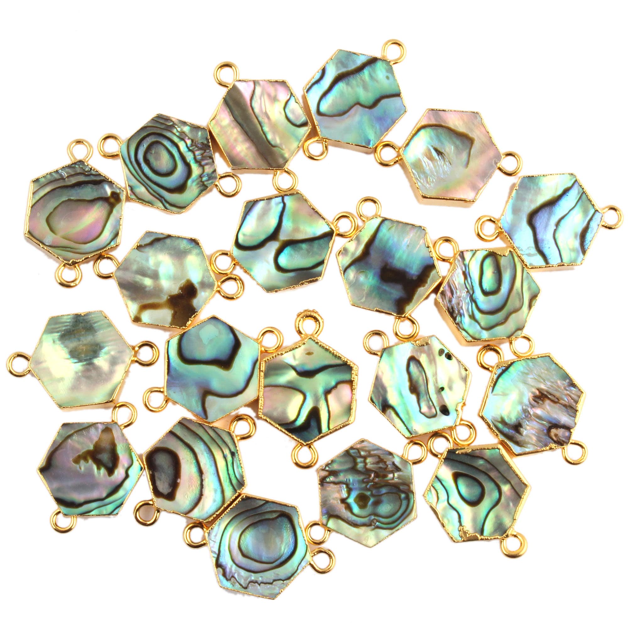 Abalone Shell Hexagon Connectors, Gold Plated Double Bail Charm