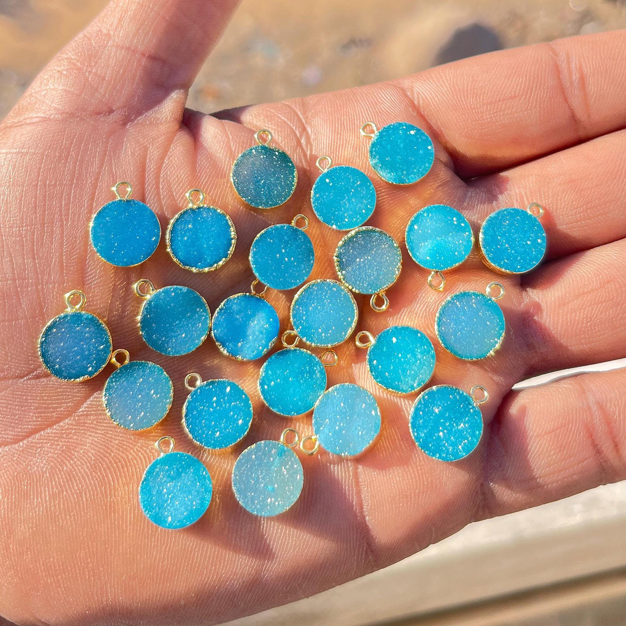 Sky Blue Sugar Druzy Pendants, Gold Electroplated Round Charms Jewelry (22 pcs)