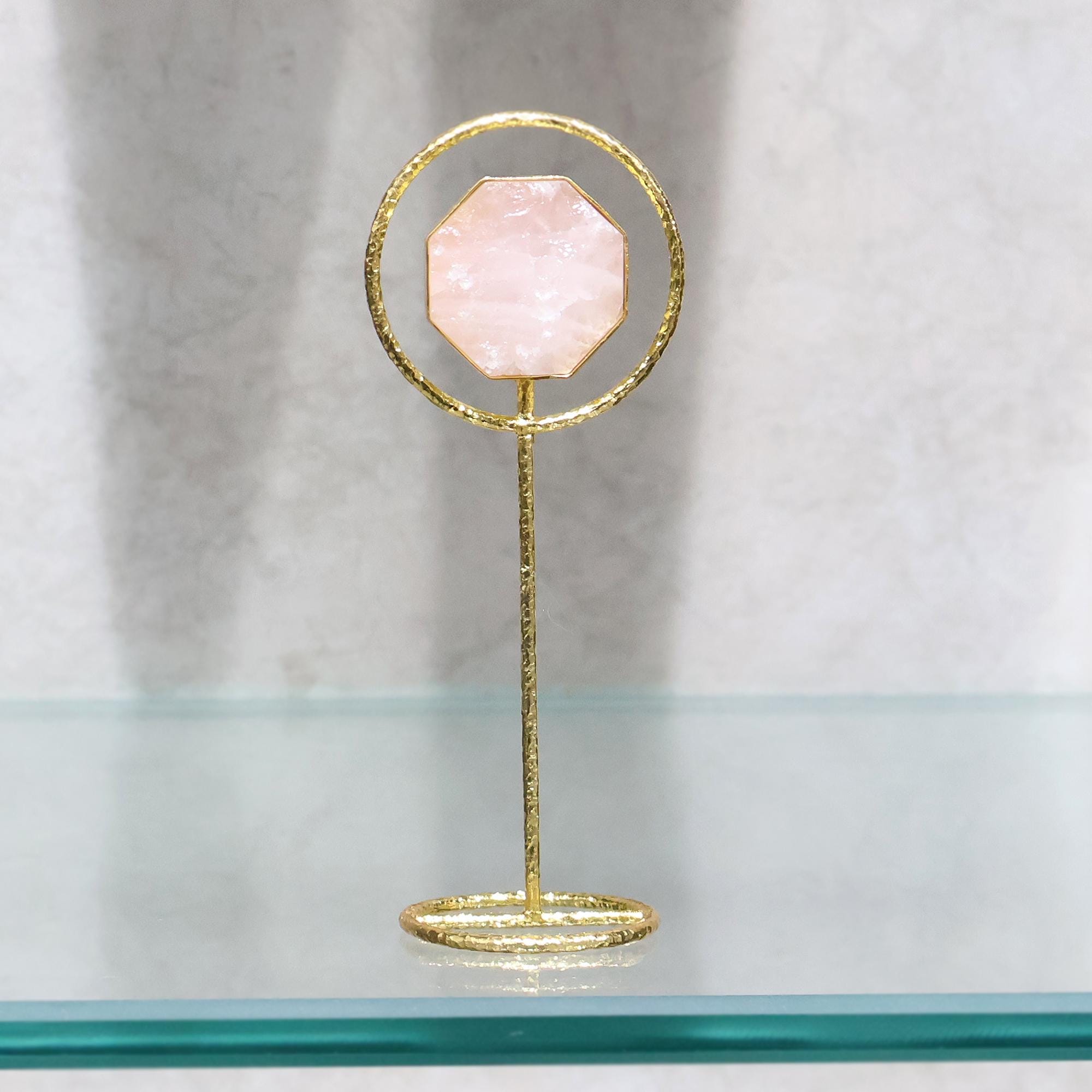 Natural Rose Quartz Stone on Gold Stand, Healing Crystal Decor Item (48mm)
