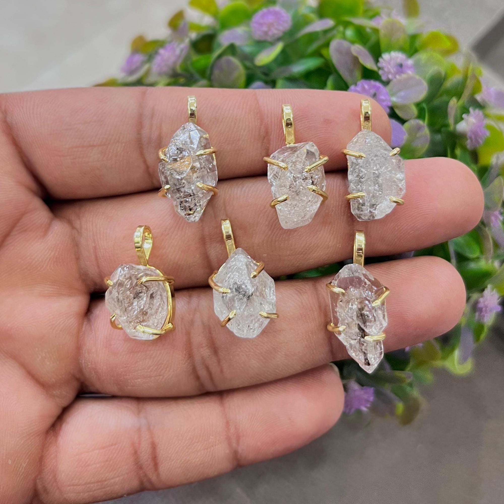 Natural Raw Herkimer Diamond Pendant Gold Plated Prong Set Brass Jewelry ONE PC