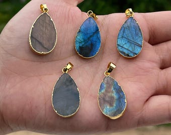 Hänge av naturlig labradorit: Päronskiva, guld, elektropläterad, gör-det-själv-smyckestillverkning, 34 mm