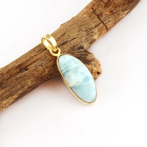 Natural Blue Larimar Gemstone Pendant, Gold Plated Necklace Pendant Gift For Women, Larimar Flat Back Cabochon Minimalist Jewelry Supplies
