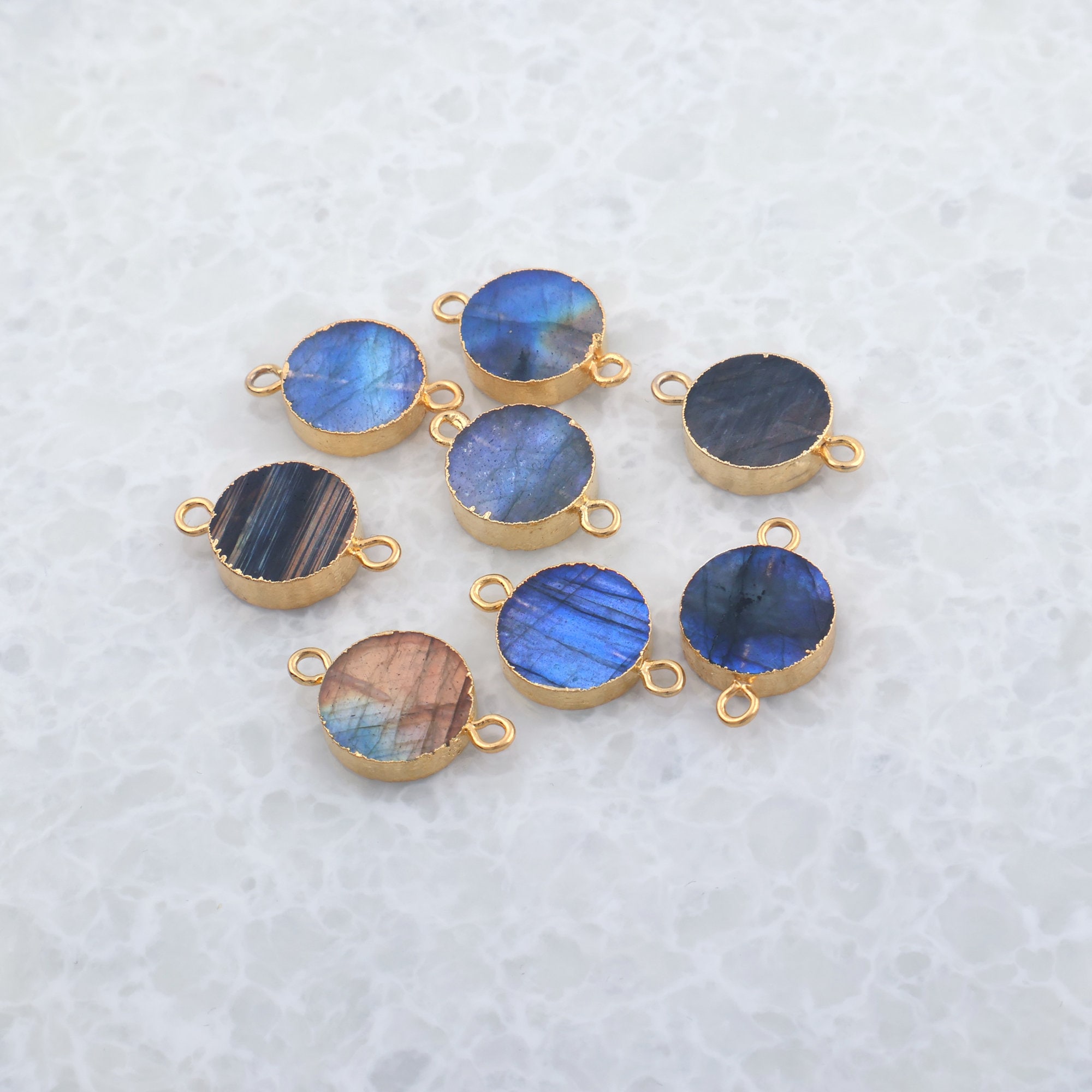 Natural Labradorite Charms, 12mm Round Double Bail Gold Electroplated Connectors