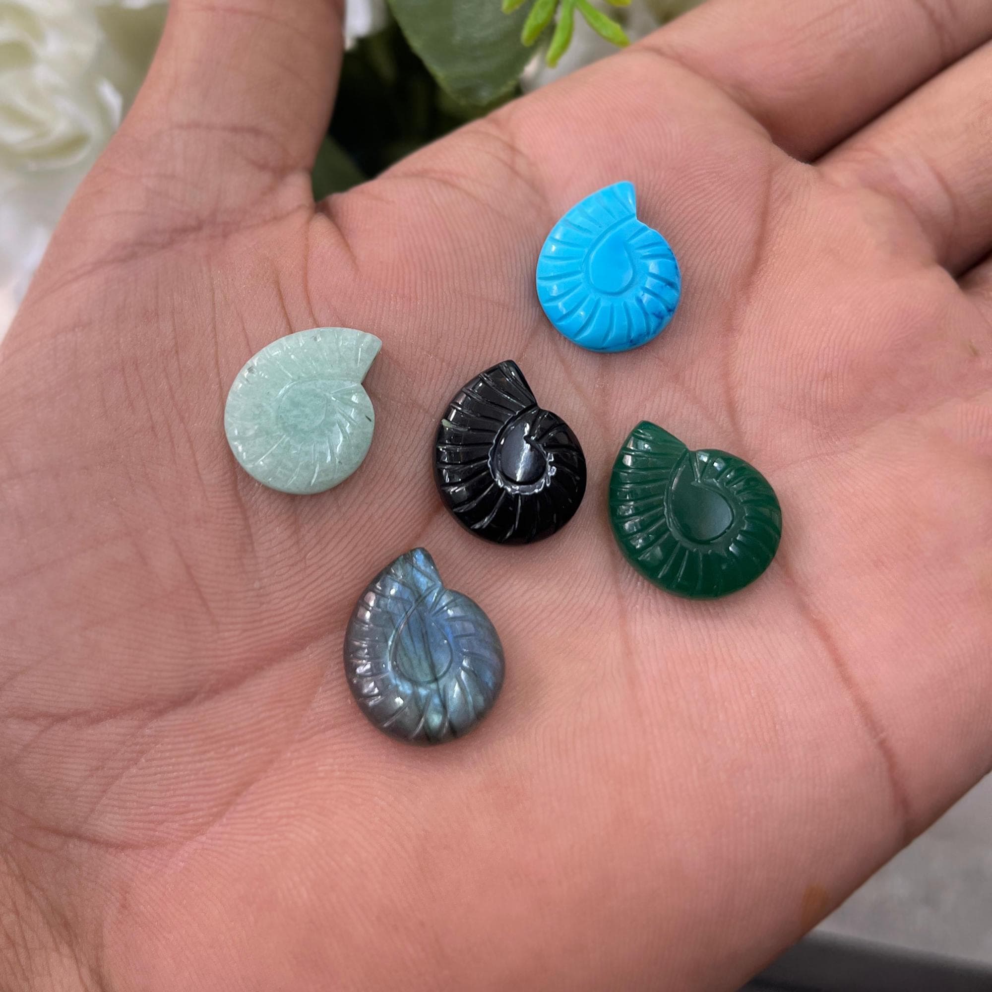 Carved Gemstone Snail Fossil Labradorite Onyx