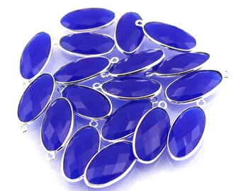 LOT OF Oval Shape Blue Chalcedony 24x11 mm Single Bail Silver Plated Bezel Connectors Jewelry Making Supplies