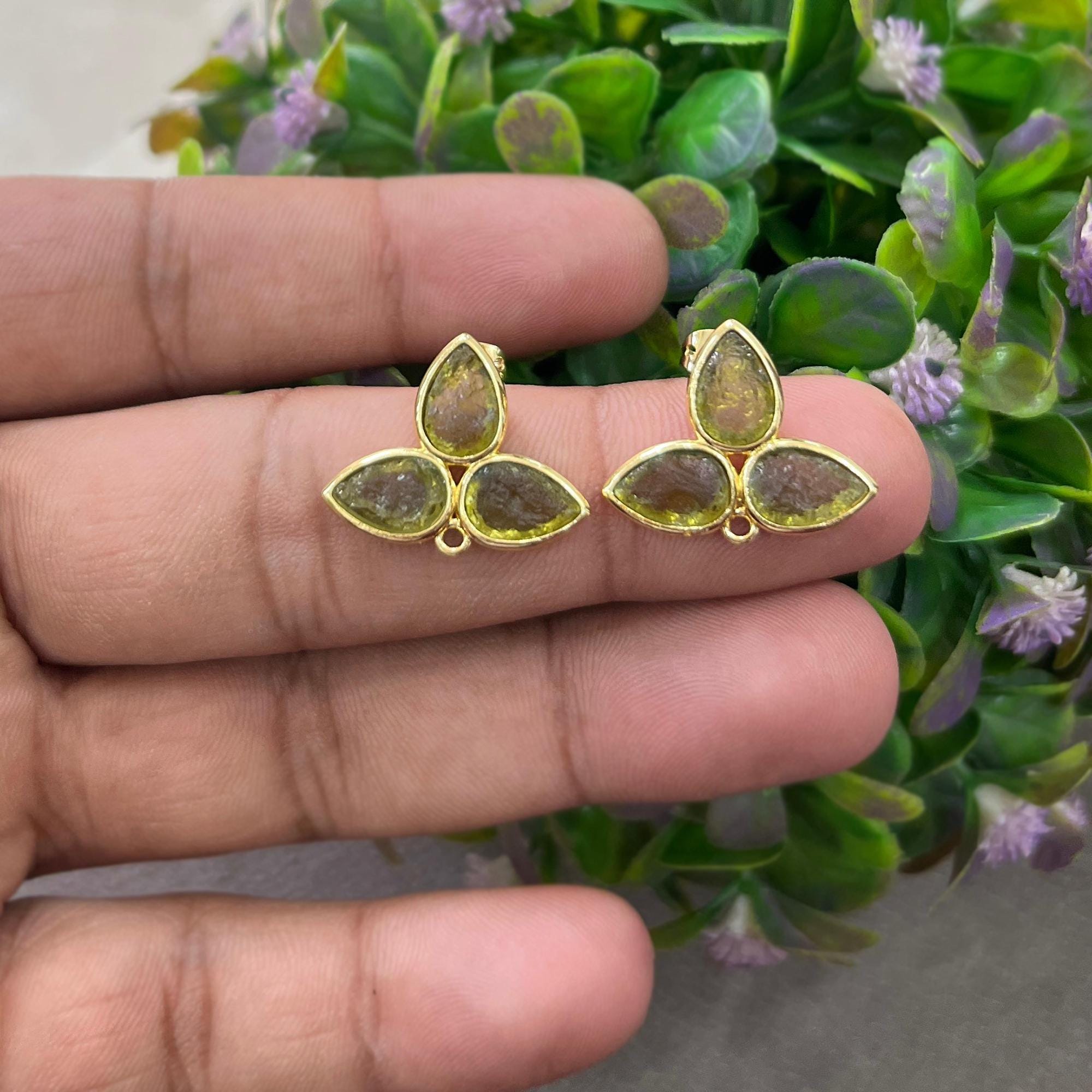 Raw Moldavite Gold Plated Stud Earrings, Pear Flower Design Earring Charm For Jewelry