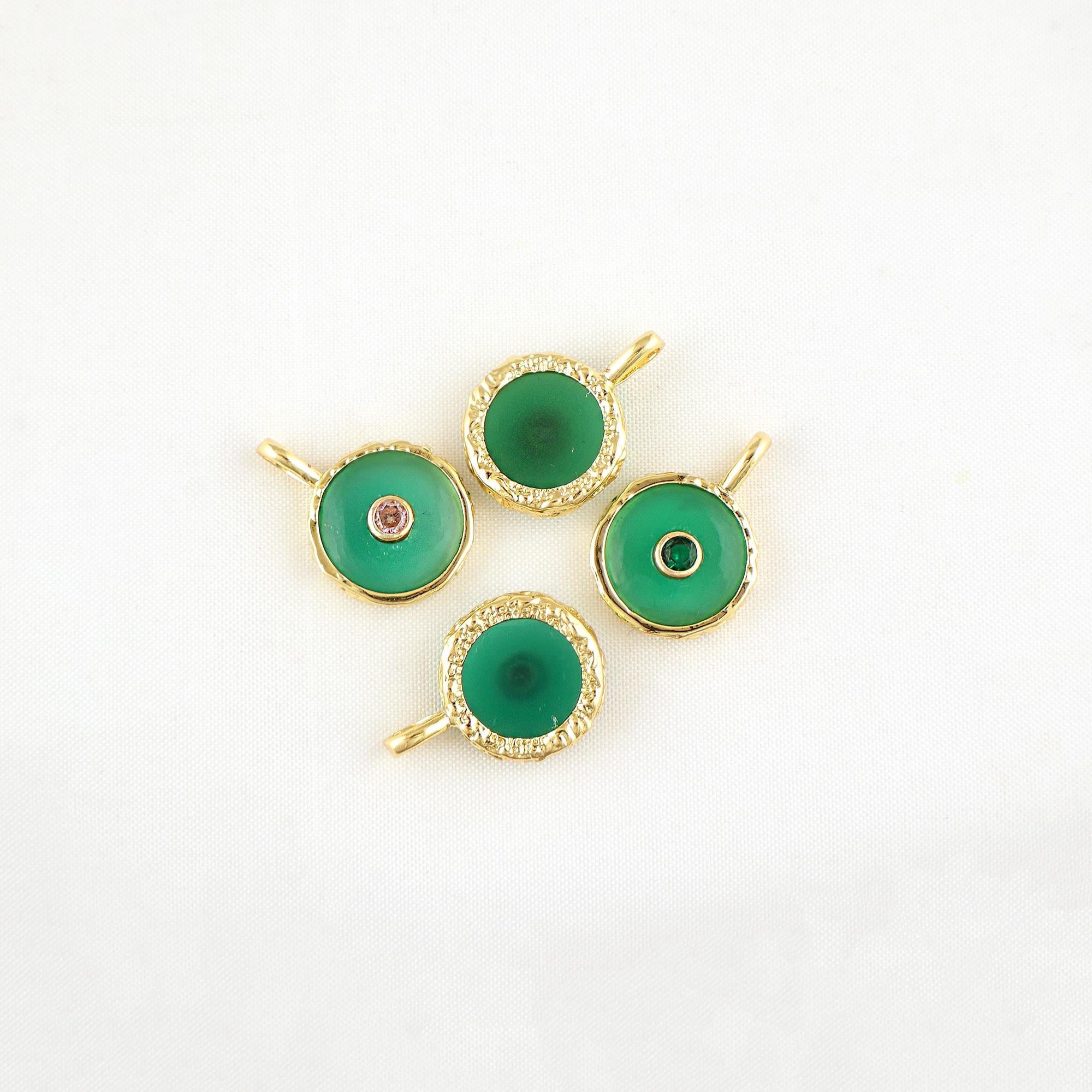 Green Onyx with Tiny CZ Pendant Charms, Gold Plated Round Gemstone Necklace