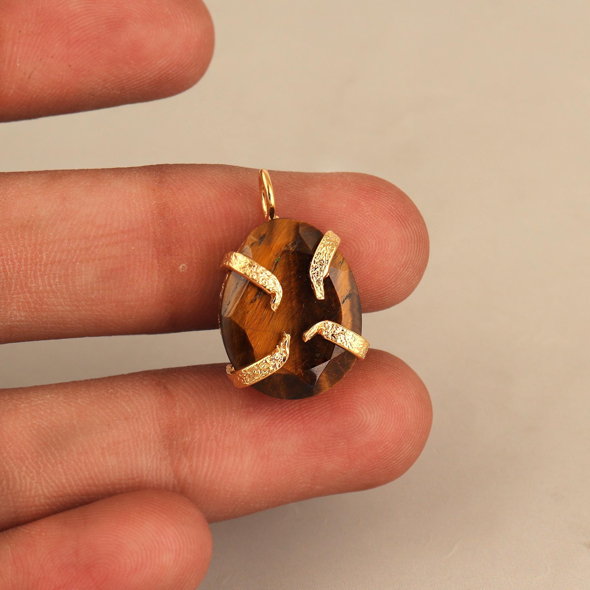Natural Tiger Eye Pendant Charm, Gold Plated Prong Set Connector