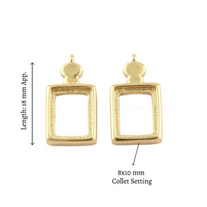 May include: Two gold-colored rectangular collet settings for jewelry making. Each setting has a square opening, a decorative top, and a collet setting size of 8x10 mm. The length is approximately 18 mm.