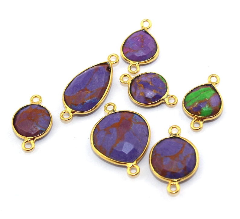 Synthetic Copper Purple Turquoise Gemstone Charm Connector Pendant Multi Shapes 24k Gold Plated Double Bails Bezel Making Designer Jewelry