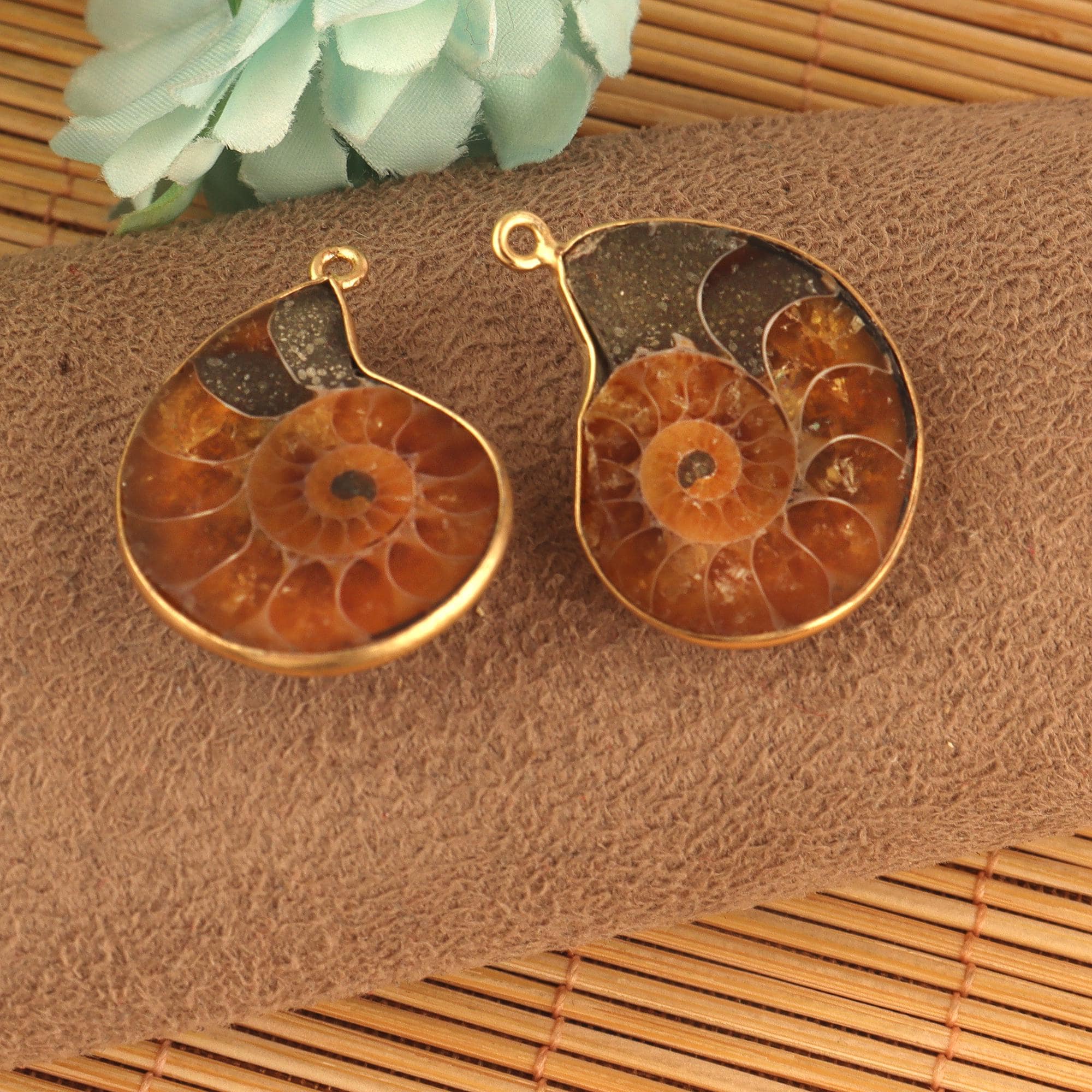 Natural Ammonite Fossil Earring Connectors, Gold Plated Ocean Jewelry