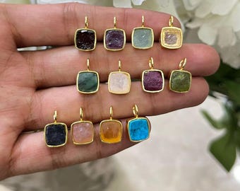 Gold Plated Raw Birthstone Pendant Charm: Cushion Rough Birthstone Jewelry Connector One Pcs