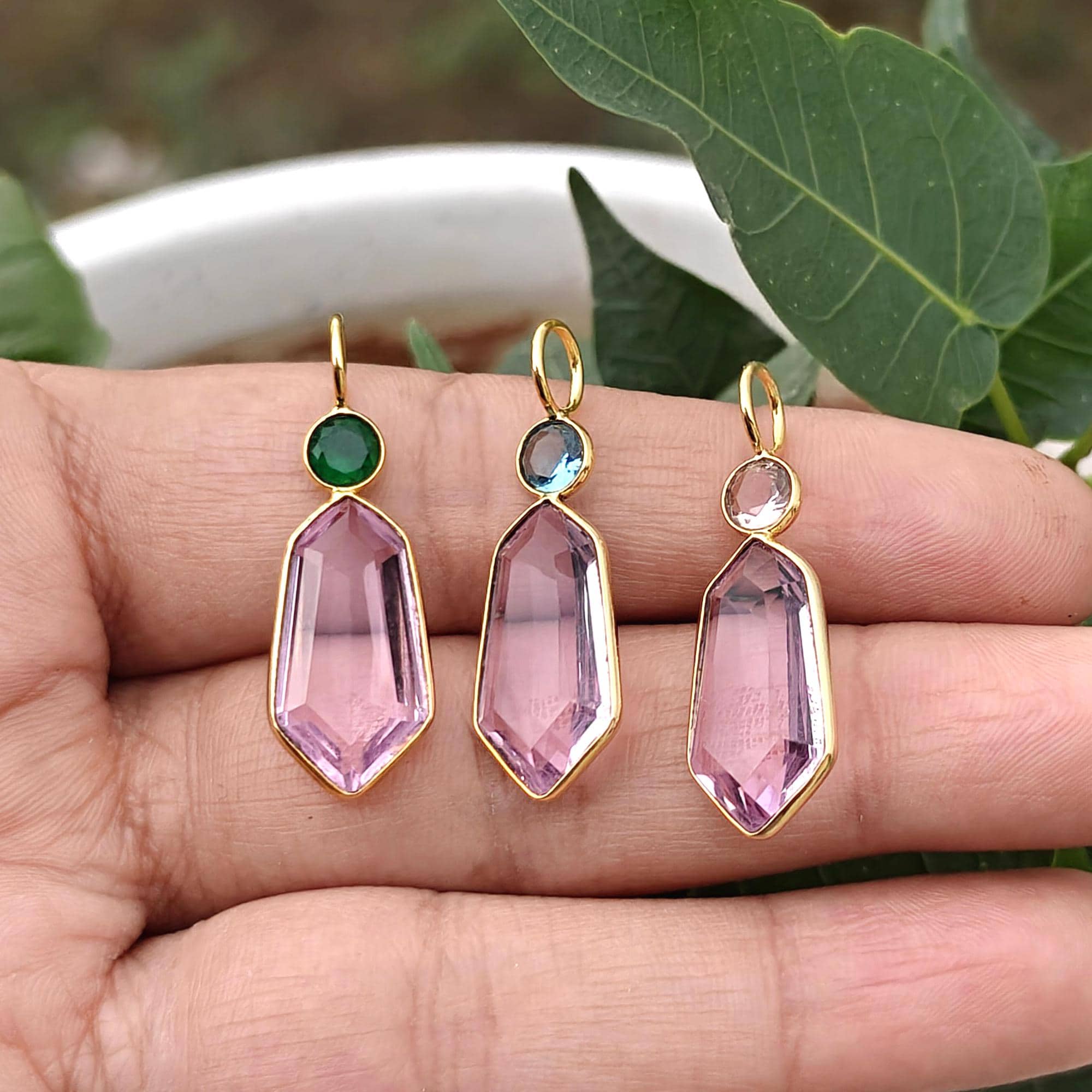 Fancy Cut Pink Quartz Pendant, Gold Plated Bezel, Brass Connector