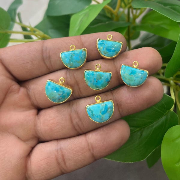 10x15mm Kingman Turquoise Pendant: Gold Plated D Shape Gemstone Charm Connector Jewelry Making