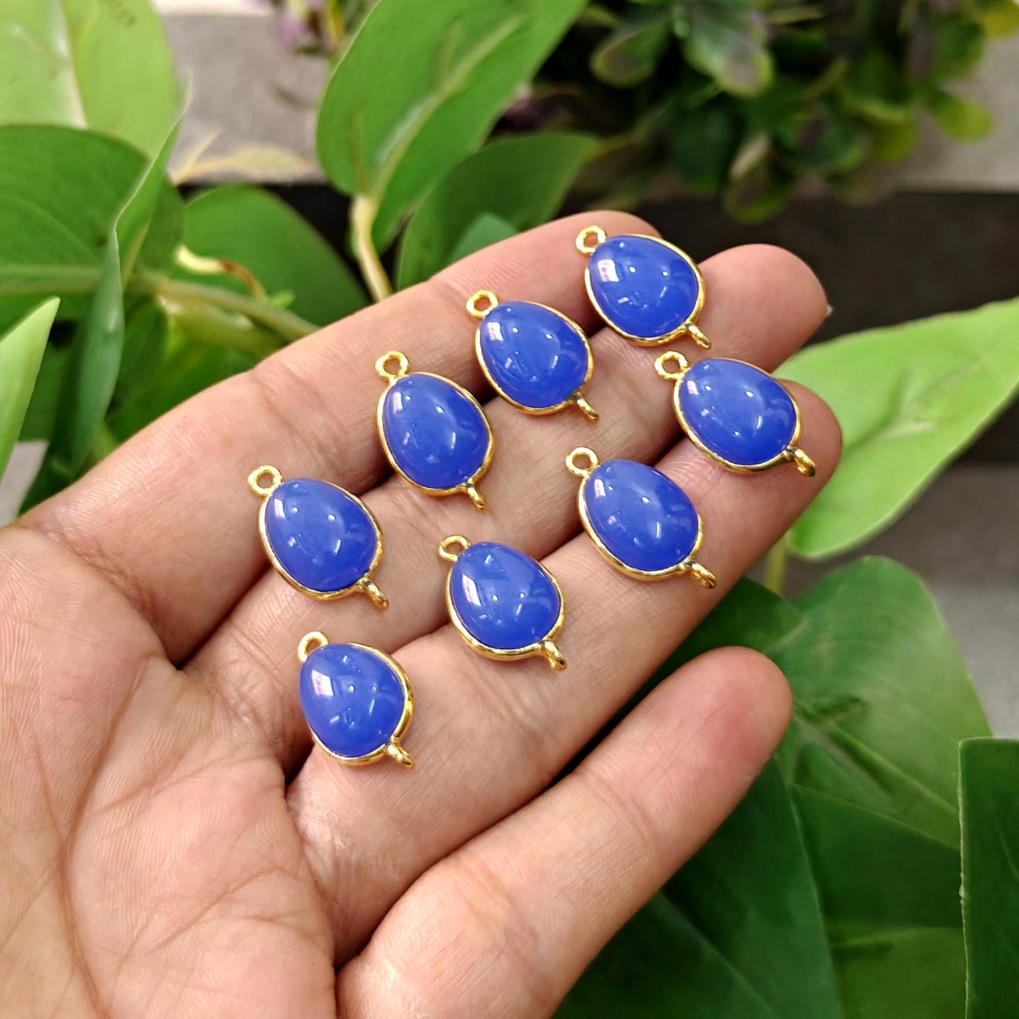 Ink Blue Chalcedony Egg Shape Connector, Gold Plated Bezel Jewelry (10x12mm)