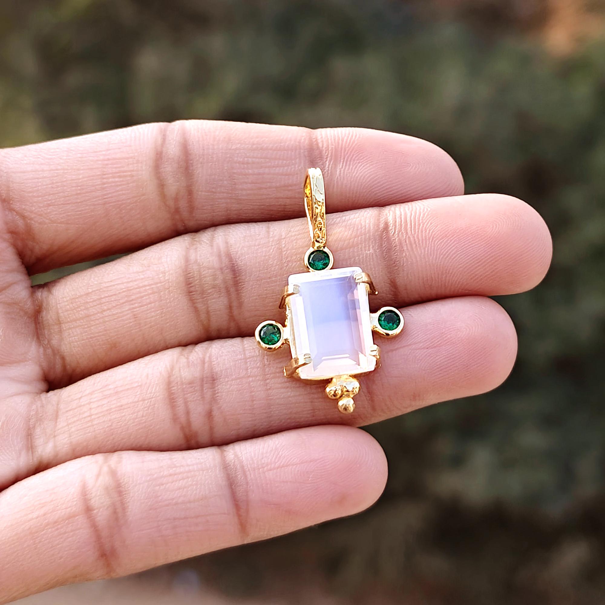 Opalite Quartz Pendant with Emerald CZ Accent Gold Plated Prong Set Necklace