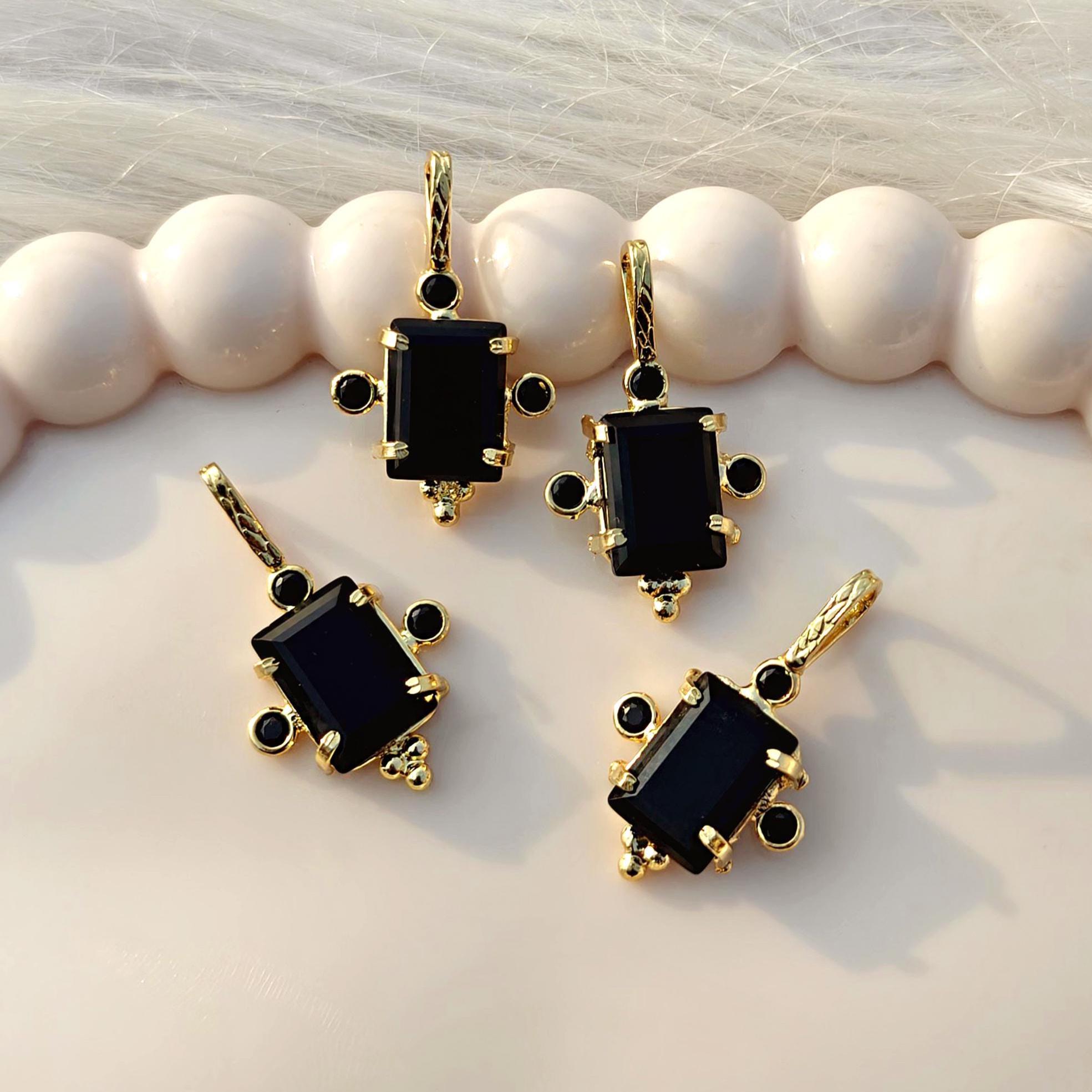Black Onyx Pendant Charm, Gold Plated Tiny CZ Accent