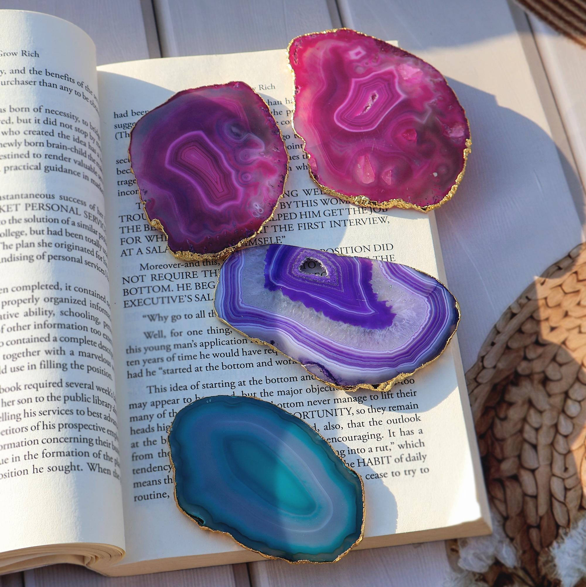Gold Electroplated Agate Coaster, Natural Gemstone Paperweight Handcrafted Home Decor