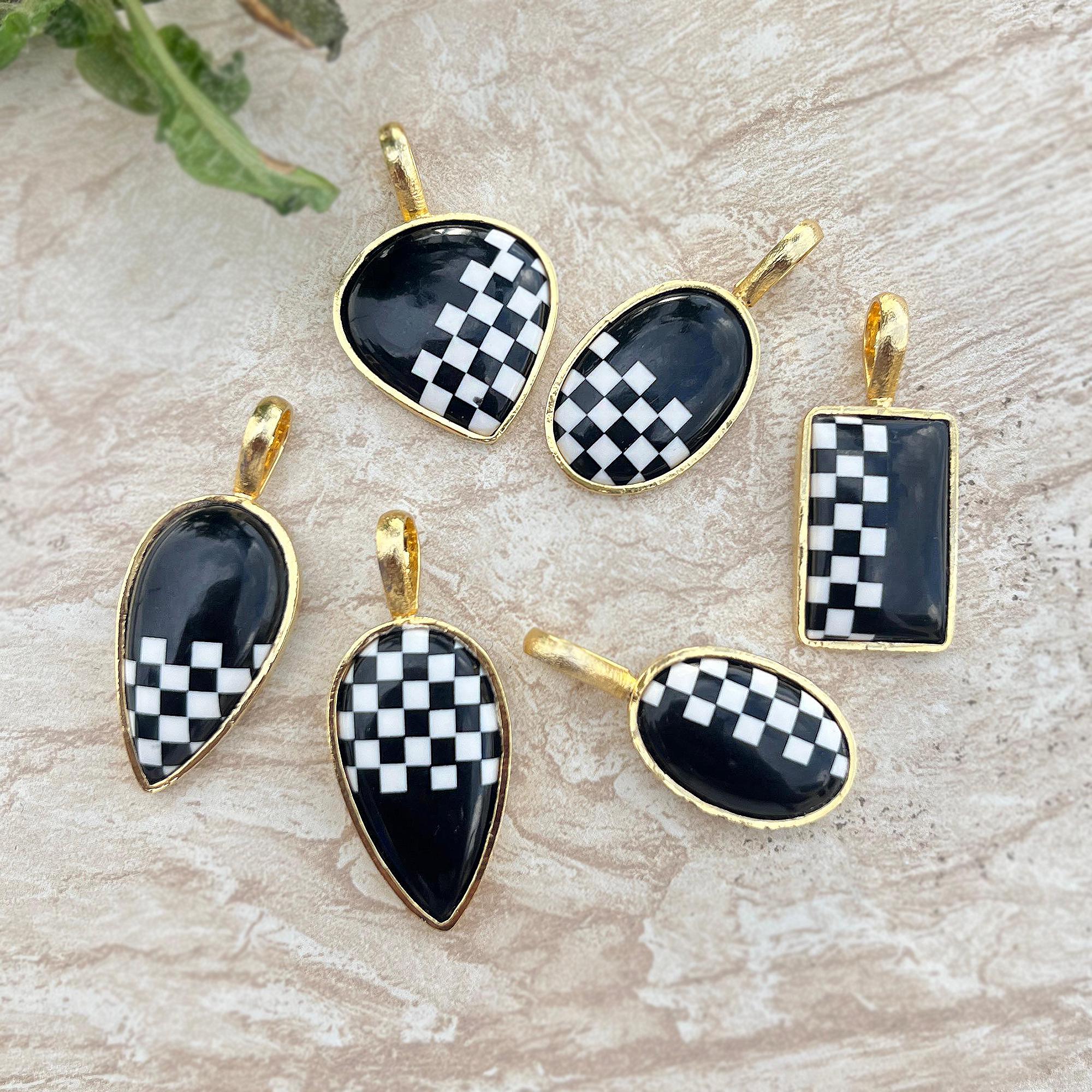 Black Onyx Checkerboard Pendant, Gold Plated Cabochon Charm