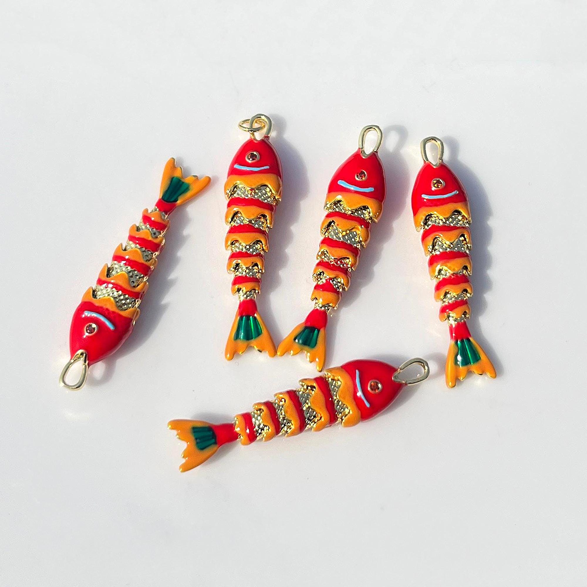 Gold Plated Articulated Moving Fish Charm, Red Colorful Enamel Ocean Jewlery