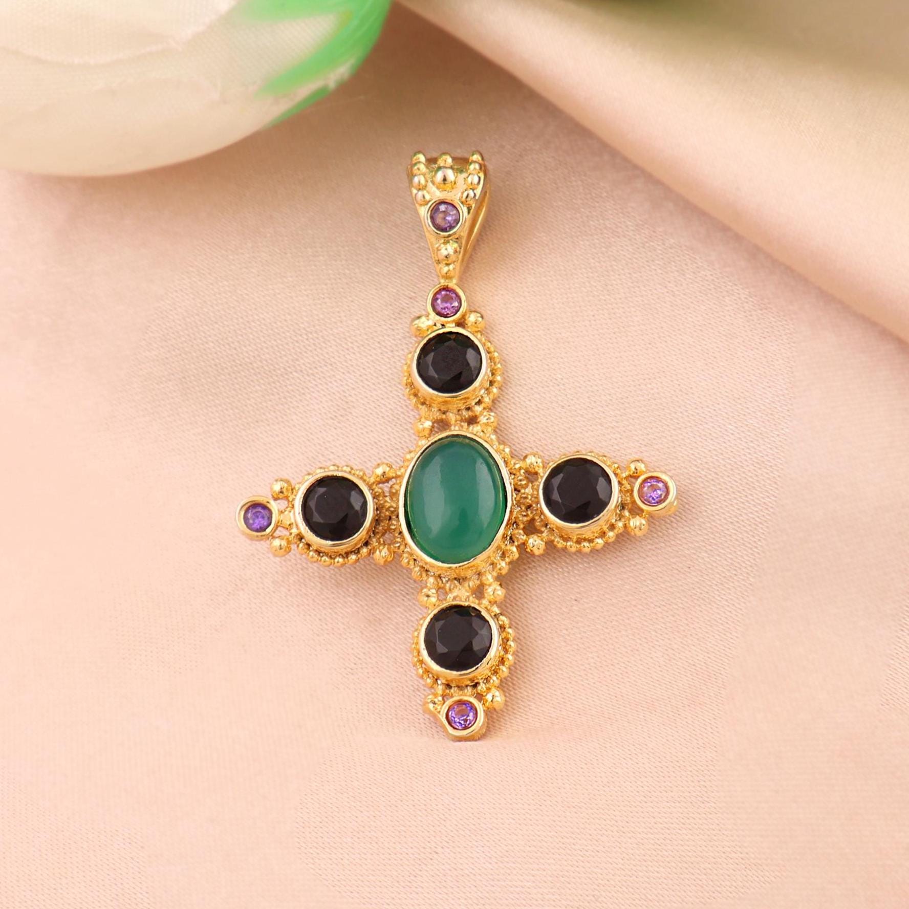 Gold Plated Cross Pendant Green Onyx, Black CZ & Amethyst