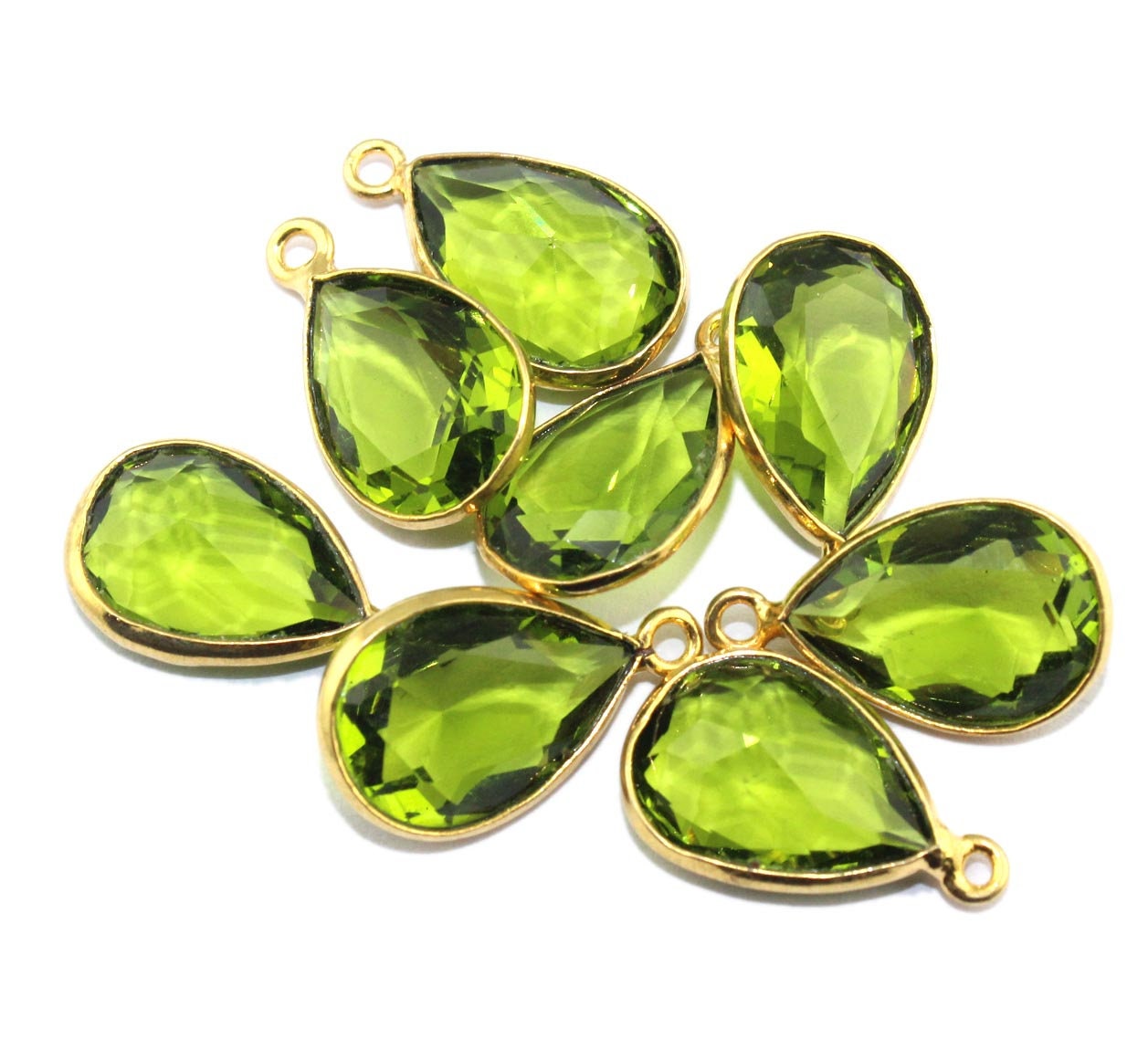 Green Peridot Quartz Charm, Pear Faceted Cut Gemstone Gold Plated Bezel Pendant