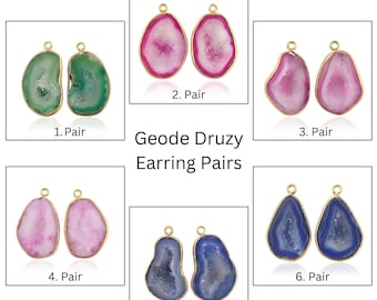 Natural Geode Druzy Earring Charms: Drusy Gemstone Bezel DIY Jewelry Making Components