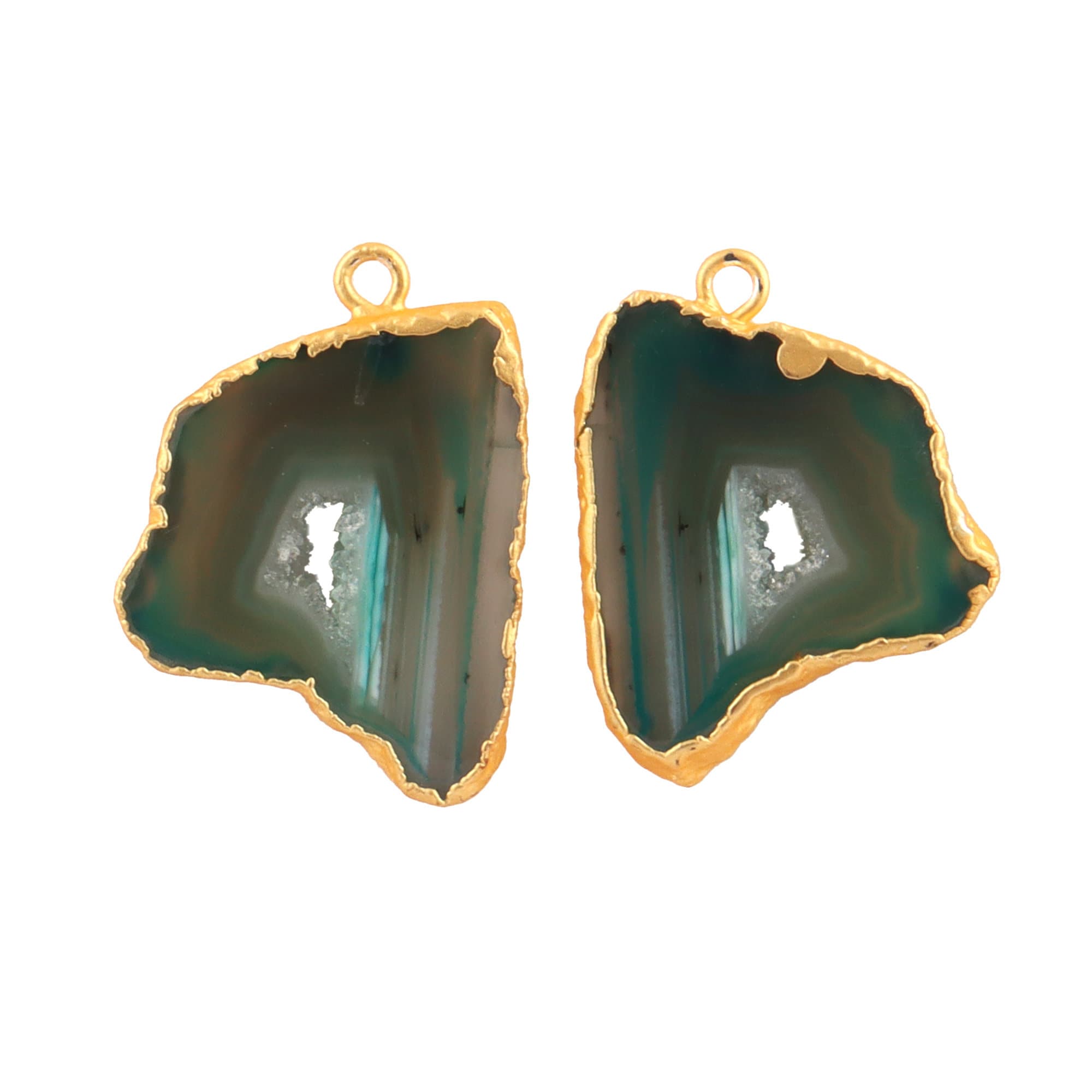 Natural Geode Slice Earring Connectors, Gold Electroplated Agate Druzy Pair