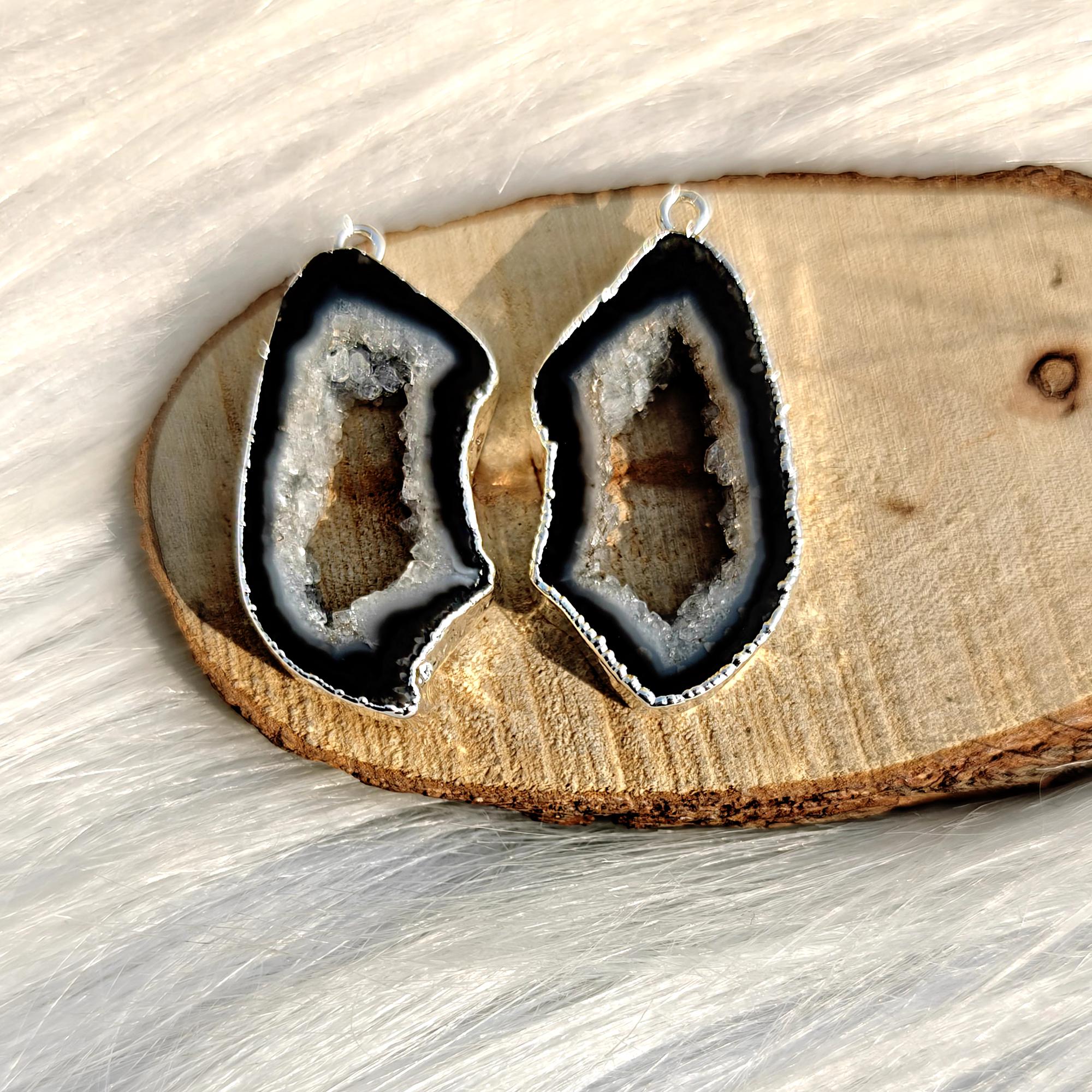 Natural Black Geode Slice Cut Agate Earring Connectors, Silver Electroplated Pair