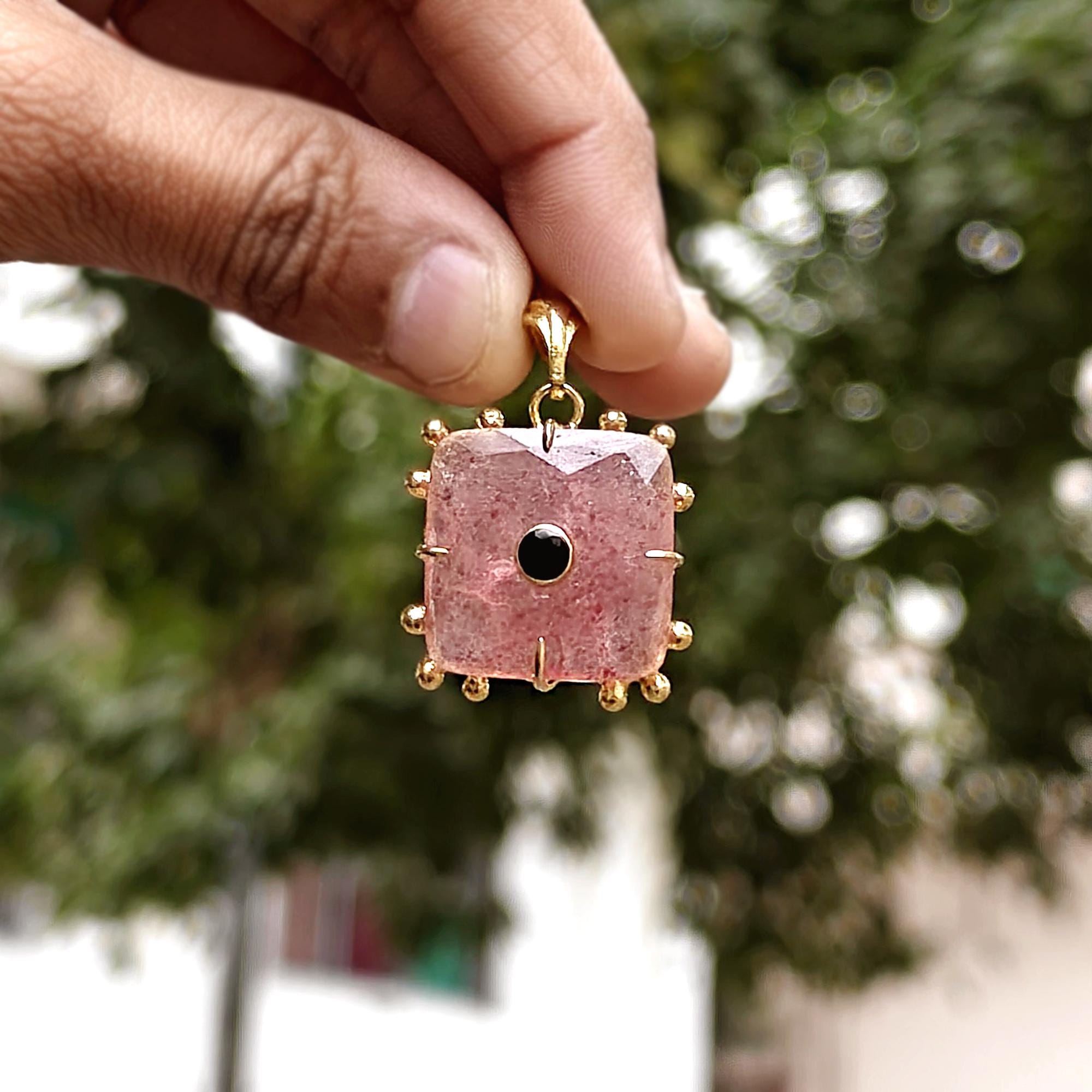 Gold Plated Red Strawberry Quartz Pendant with Black Onyx, Cushion Necklace
