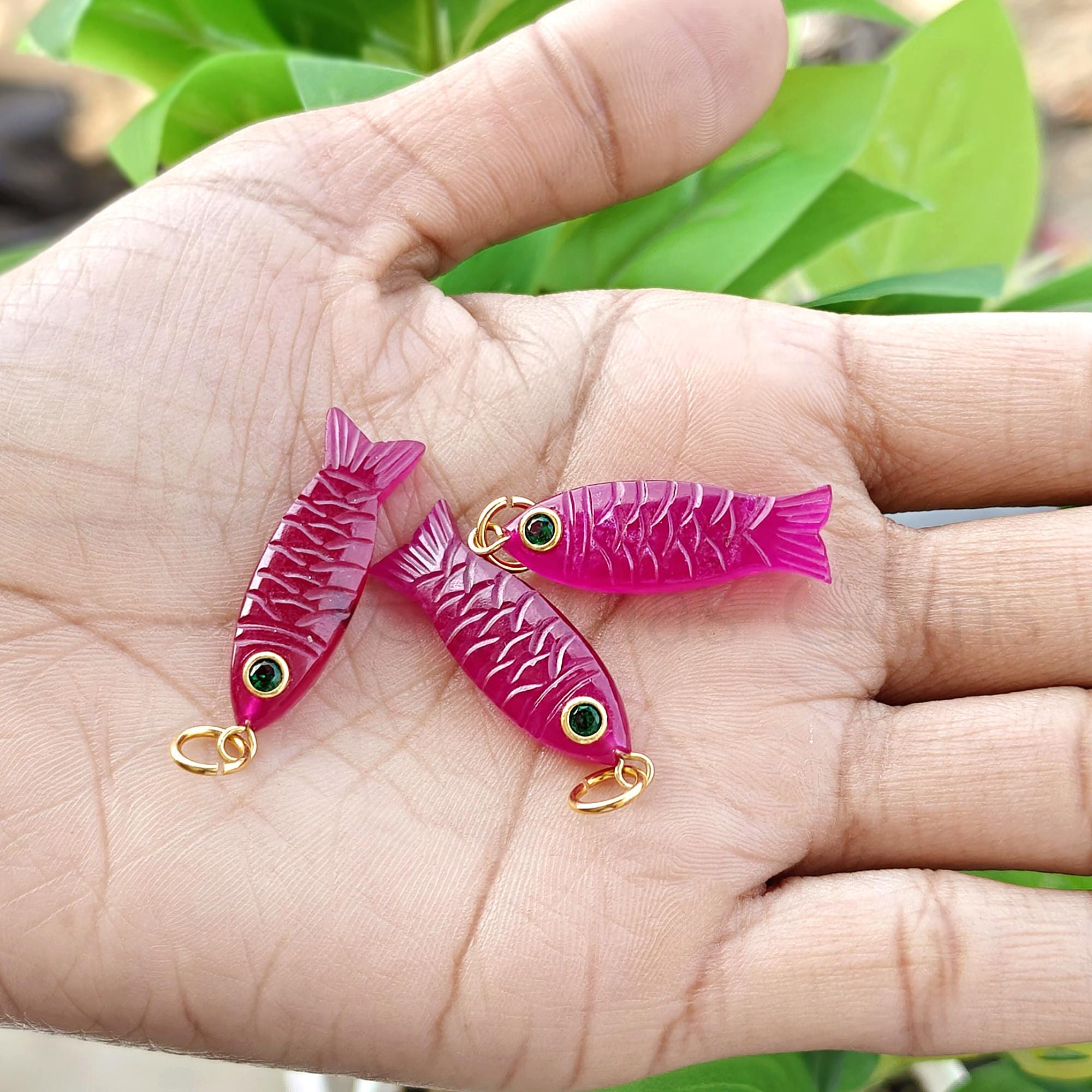 Ruby Jade Fish Pendant, Carved Gemstone Gold Plated Charm