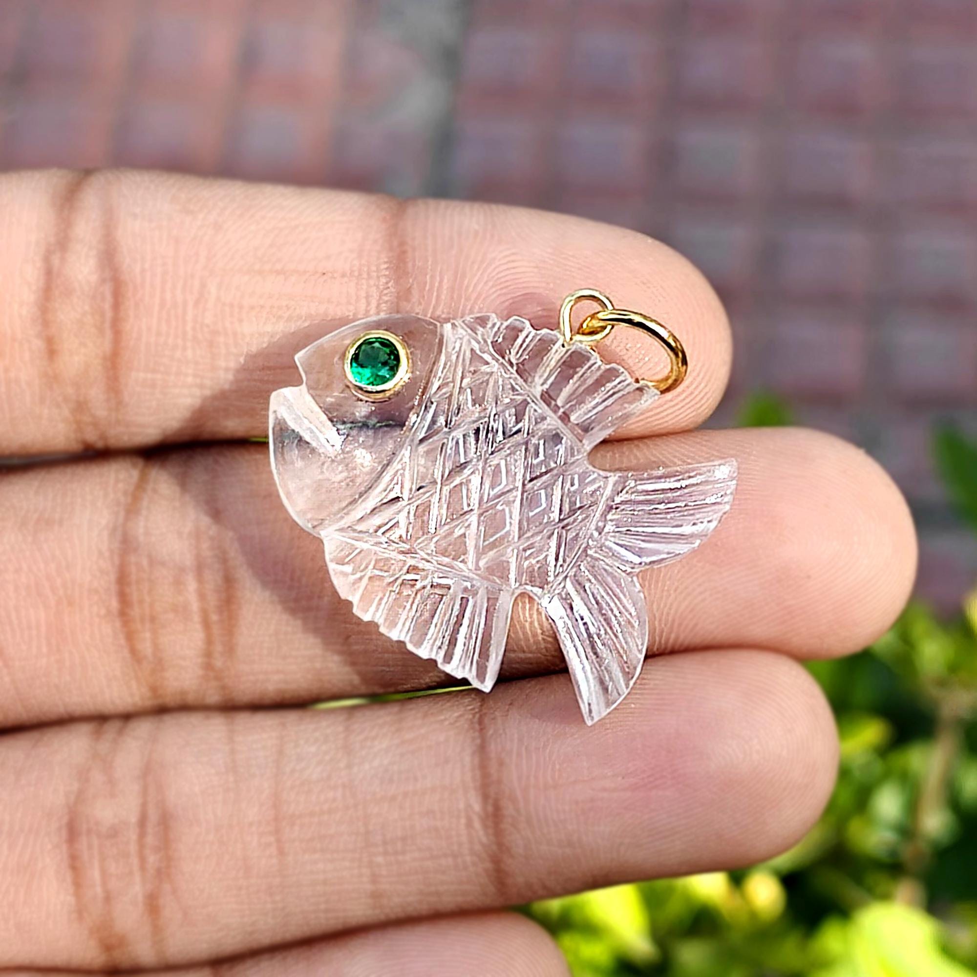 Crystal Quartz Fish Pendant with Emerald CZ Eye