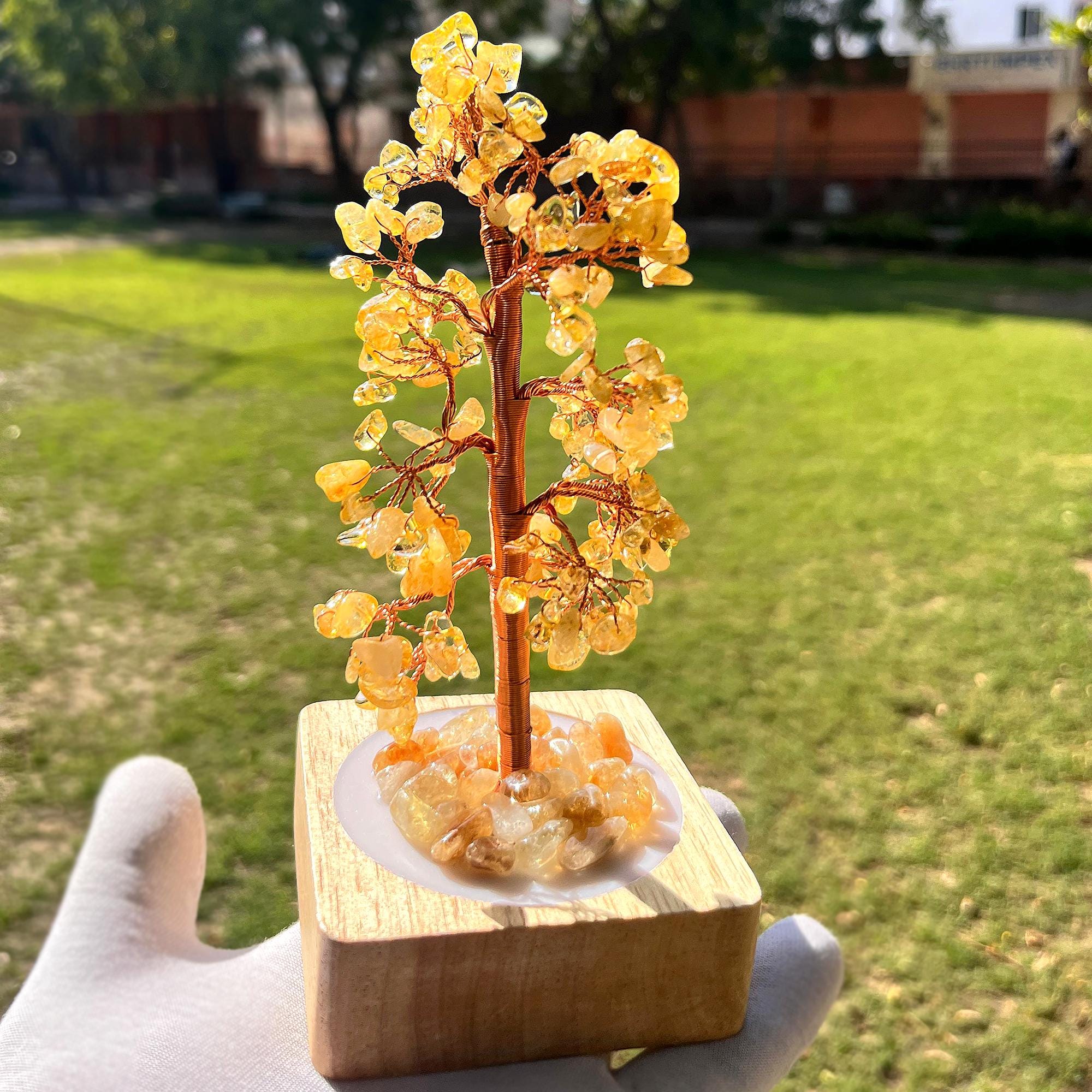Mini Citrine Tree of Life, Crystal Healing Gemstone Wood Base Home Decor
