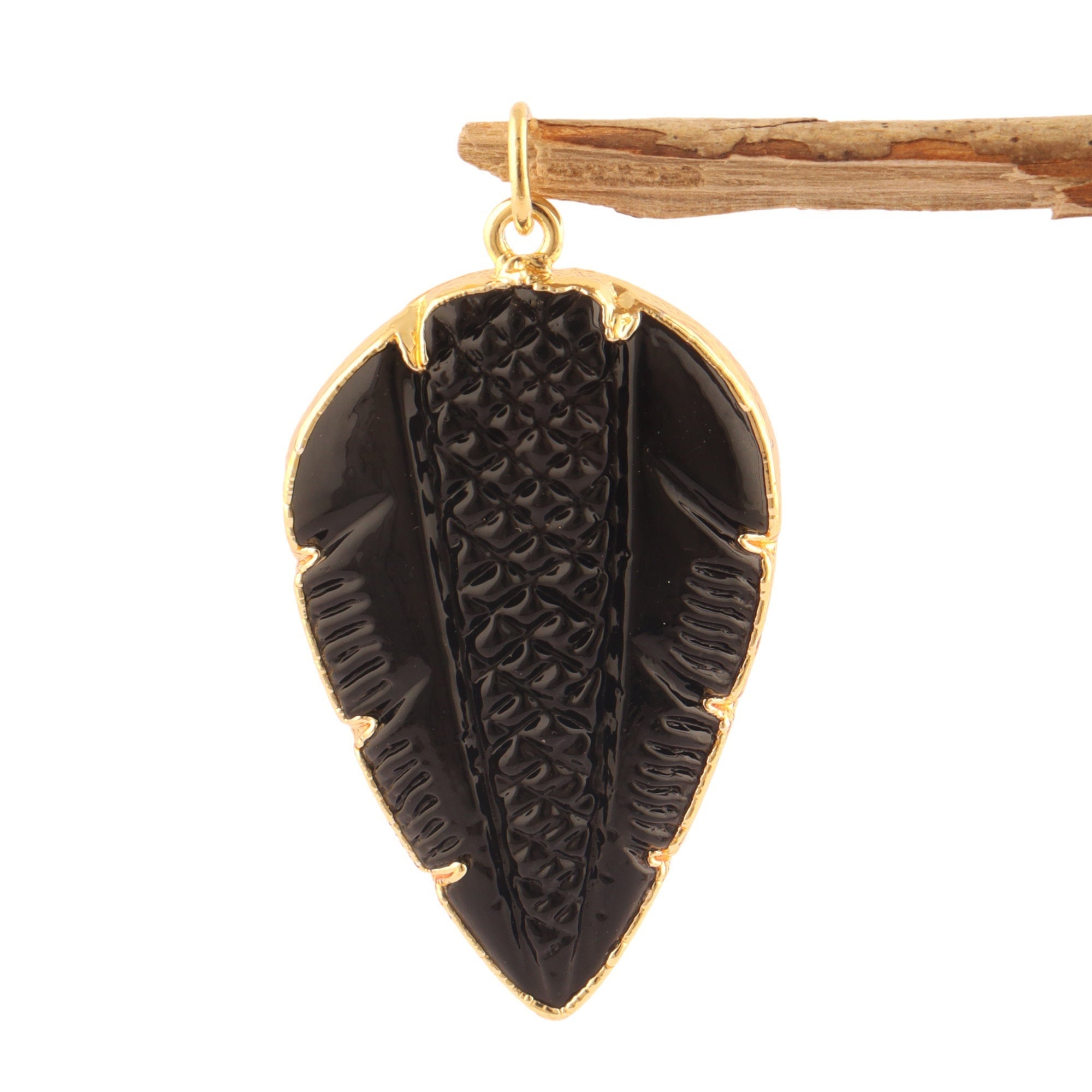 Leaf Carving Black Onyx Teardrop Pendant, Gold Plated Prong Set Connector