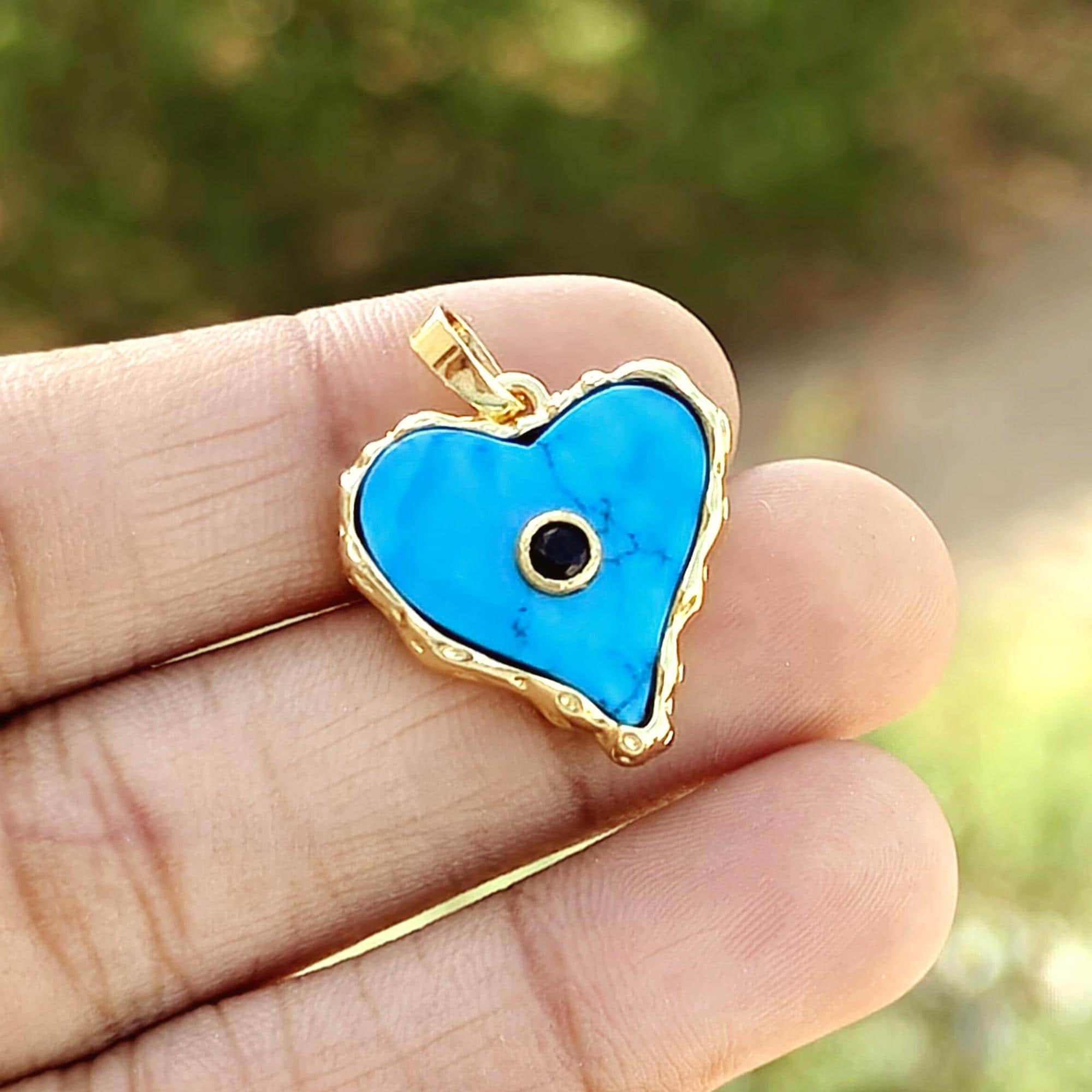 Turquoise Heart Pendant Charm, Gold Plated Brass, Black CZ