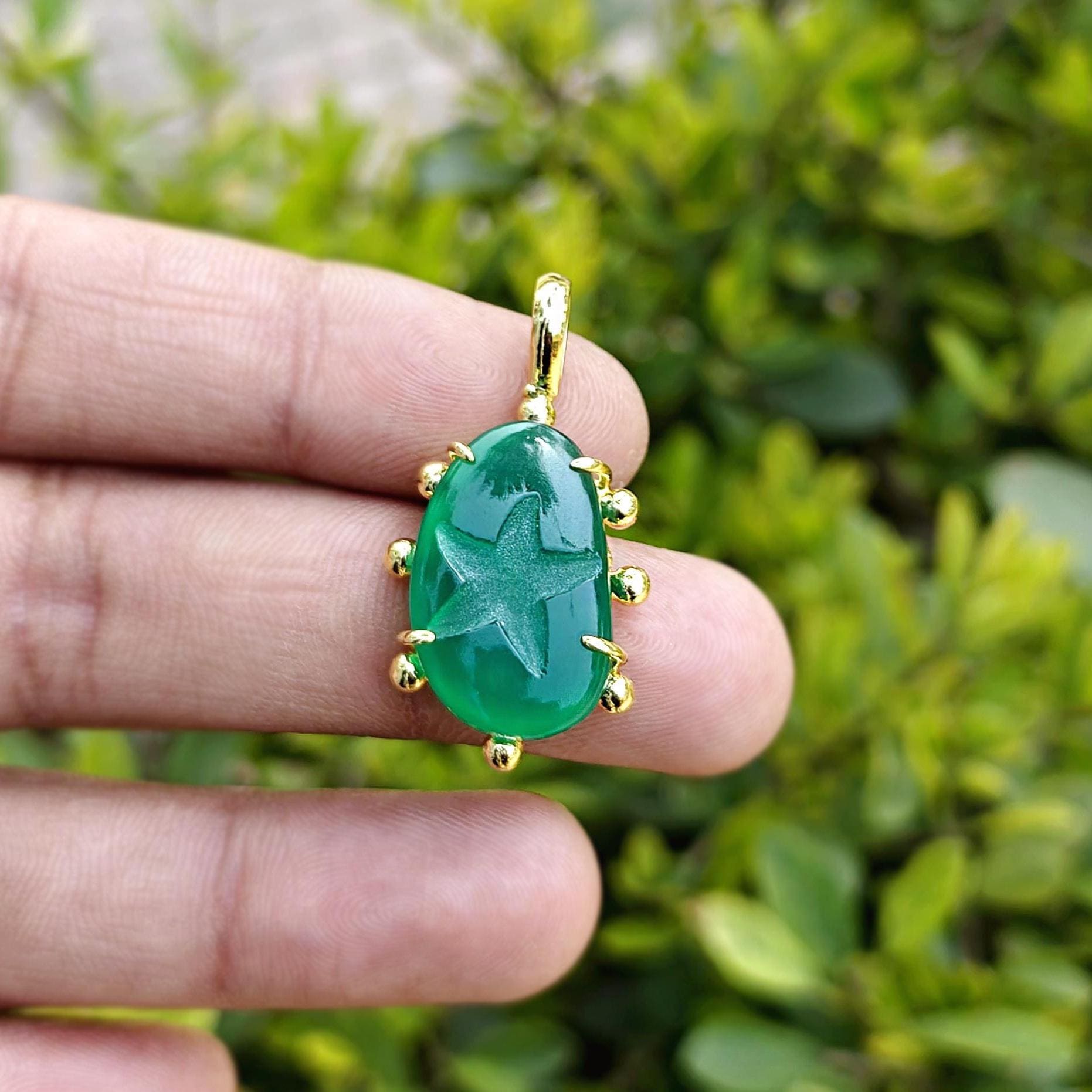 Green Onyx Star Pendant 18K Gold Plated Celestial Charm