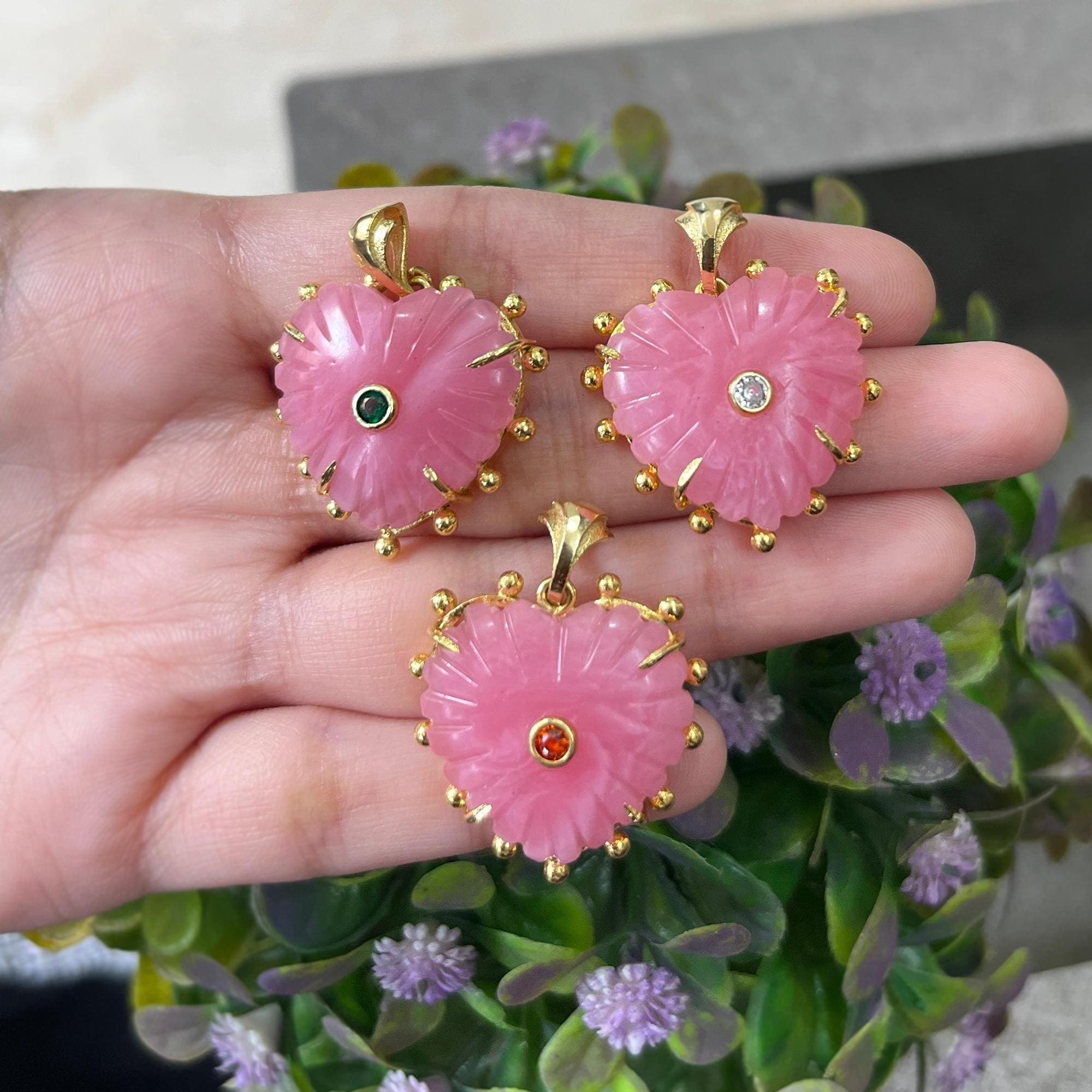 Rhodochrosite Heart Pendant, Gold Plated CZ Gemstone Necklace Charm Jewelry