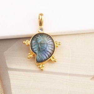 Può includere: Ciondolo color oro con una gemma blu-verde iridescente scolpita a forma di conchiglia nautilus. Il ciondolo ha una piccola pietra trasparente rotonda nella parte superiore e dettagli dorati decorativi.