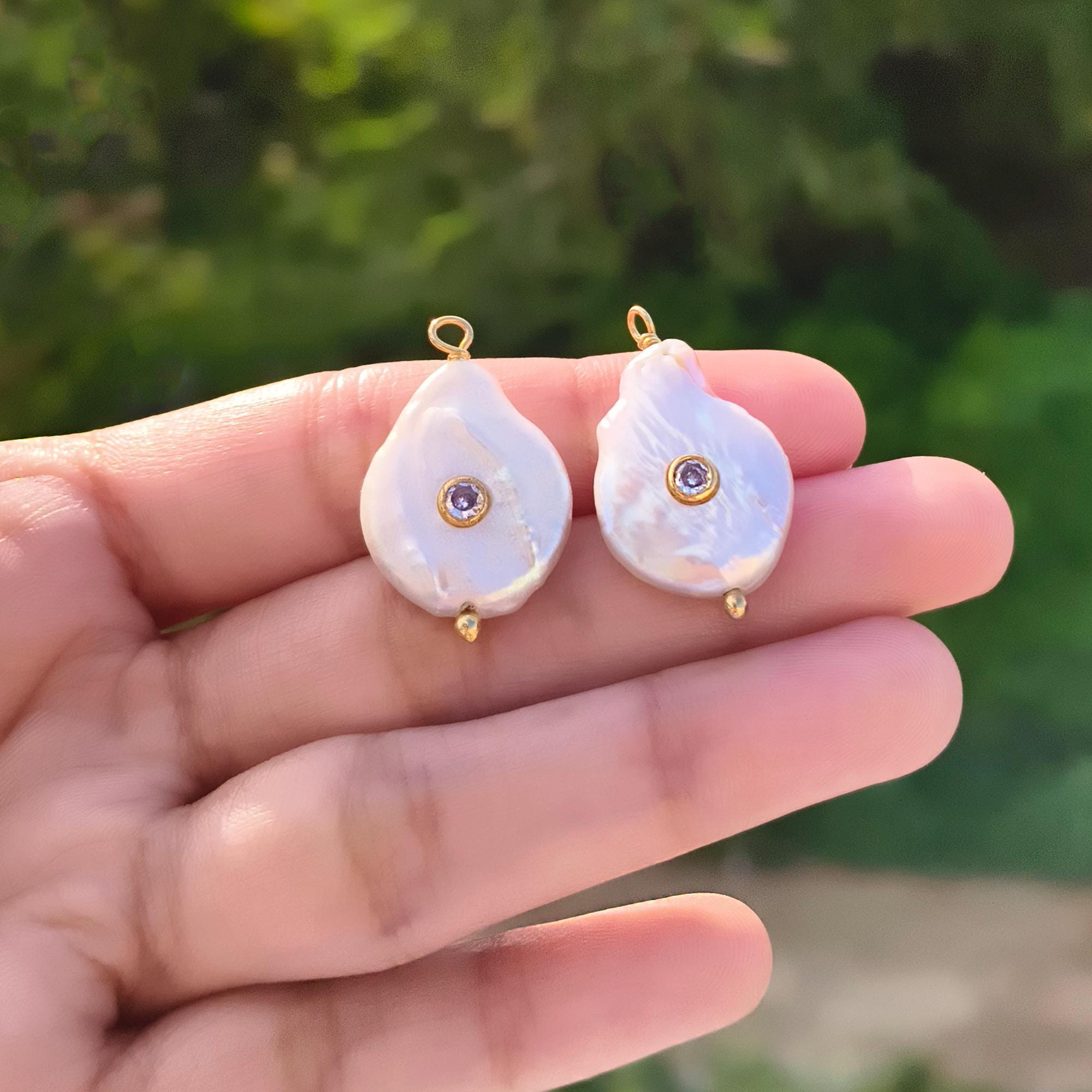 Real Baroque Pearl Earring Connectors, Gold Plated Quartz Eye Wire Wrap Pair