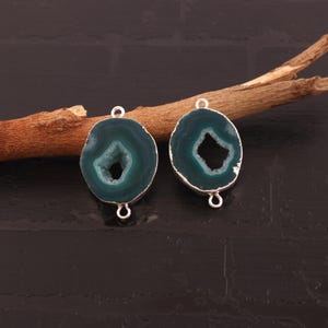 Green Geode Slice Earring Connectors: Double Bail Silver Electroplated Charms Jewelry Making