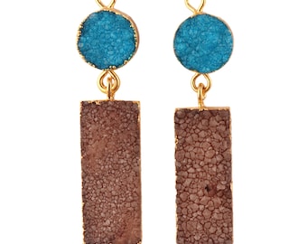 Round, Bar Agate Druzy Gold Electroplated Earring Connectors, Dangle Earring Jewelry Making Components