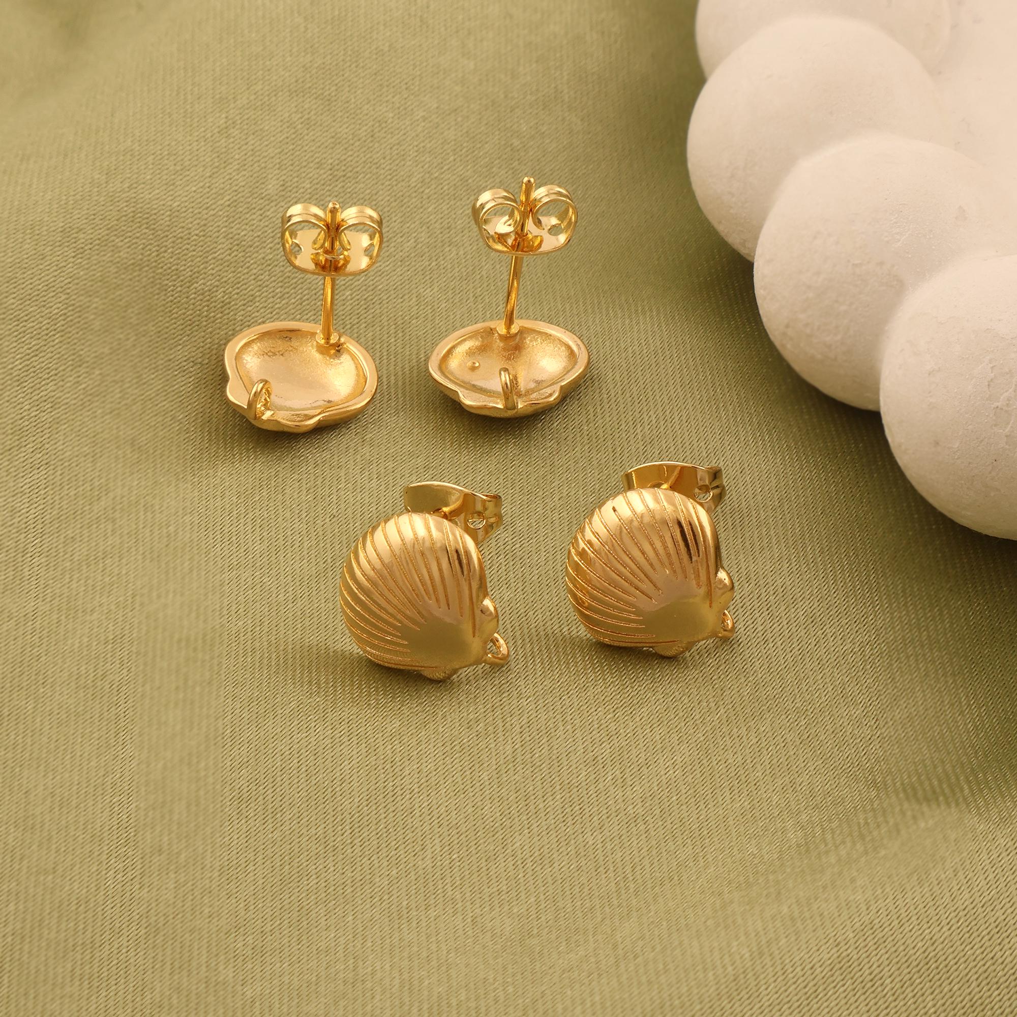 Gold Plated Seashell Earring Studs, Brass Jewelry (10x11 MM)