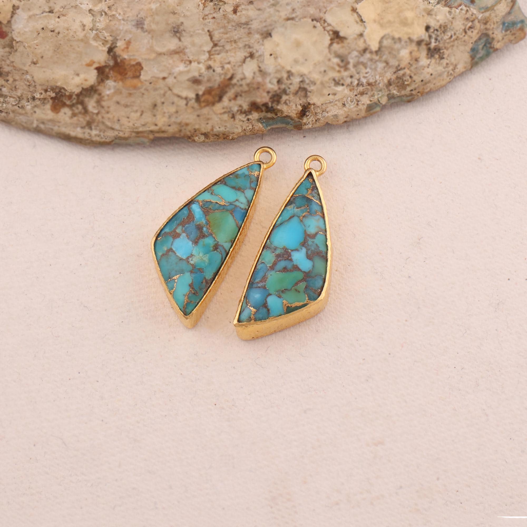 Gold Plated Turquoise Earring Charms, Natural Blue Copper Gemstone Brass