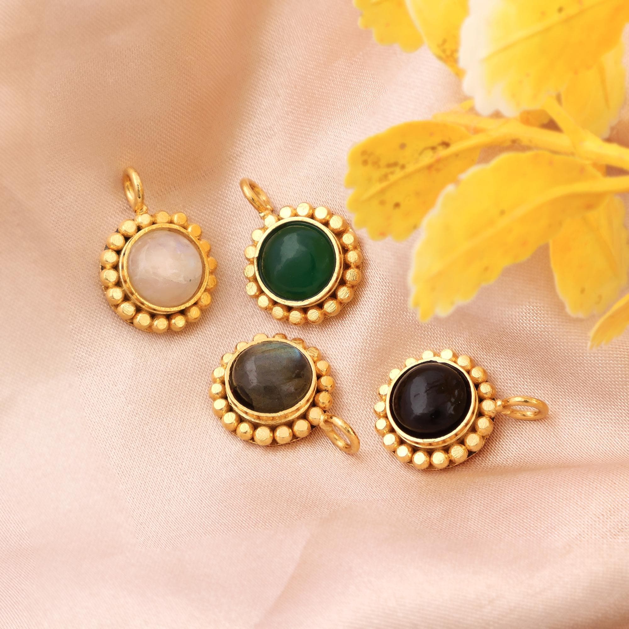 Natural Round Gemstone Gold Plated Pendant Charms, Moonstone