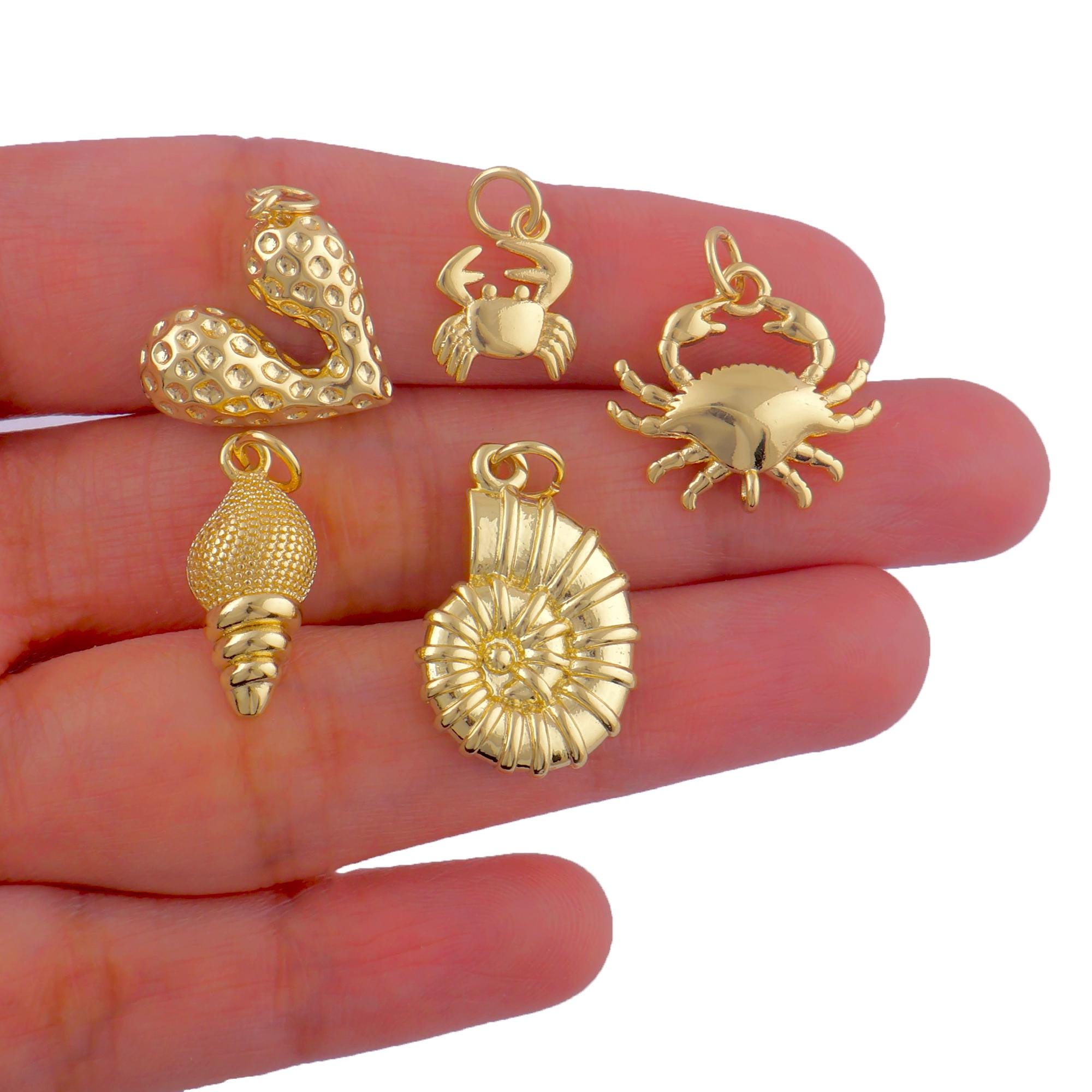 18k Gold Plated Sea Cowrie Shell Pendant Charm, Fossil Nail